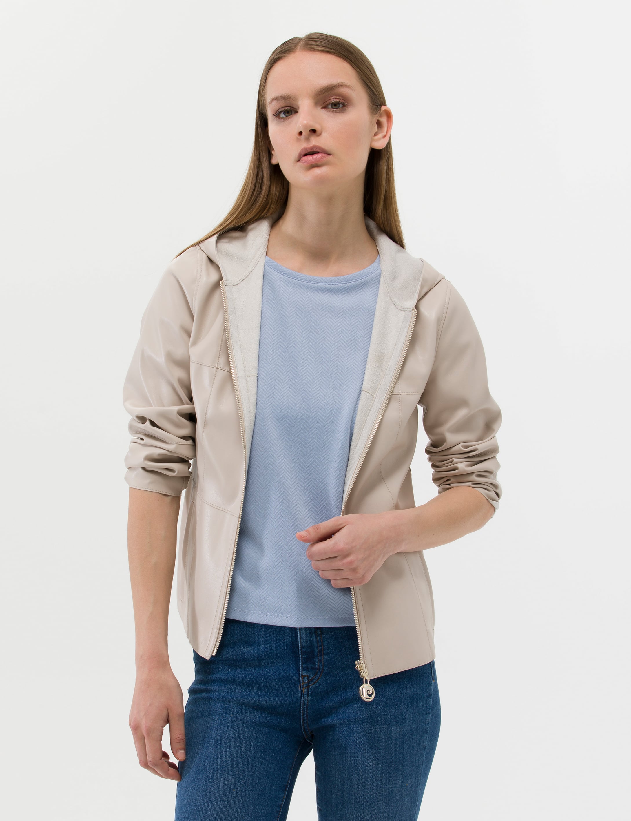Bej Cropped Slim Suni Deri Ceket