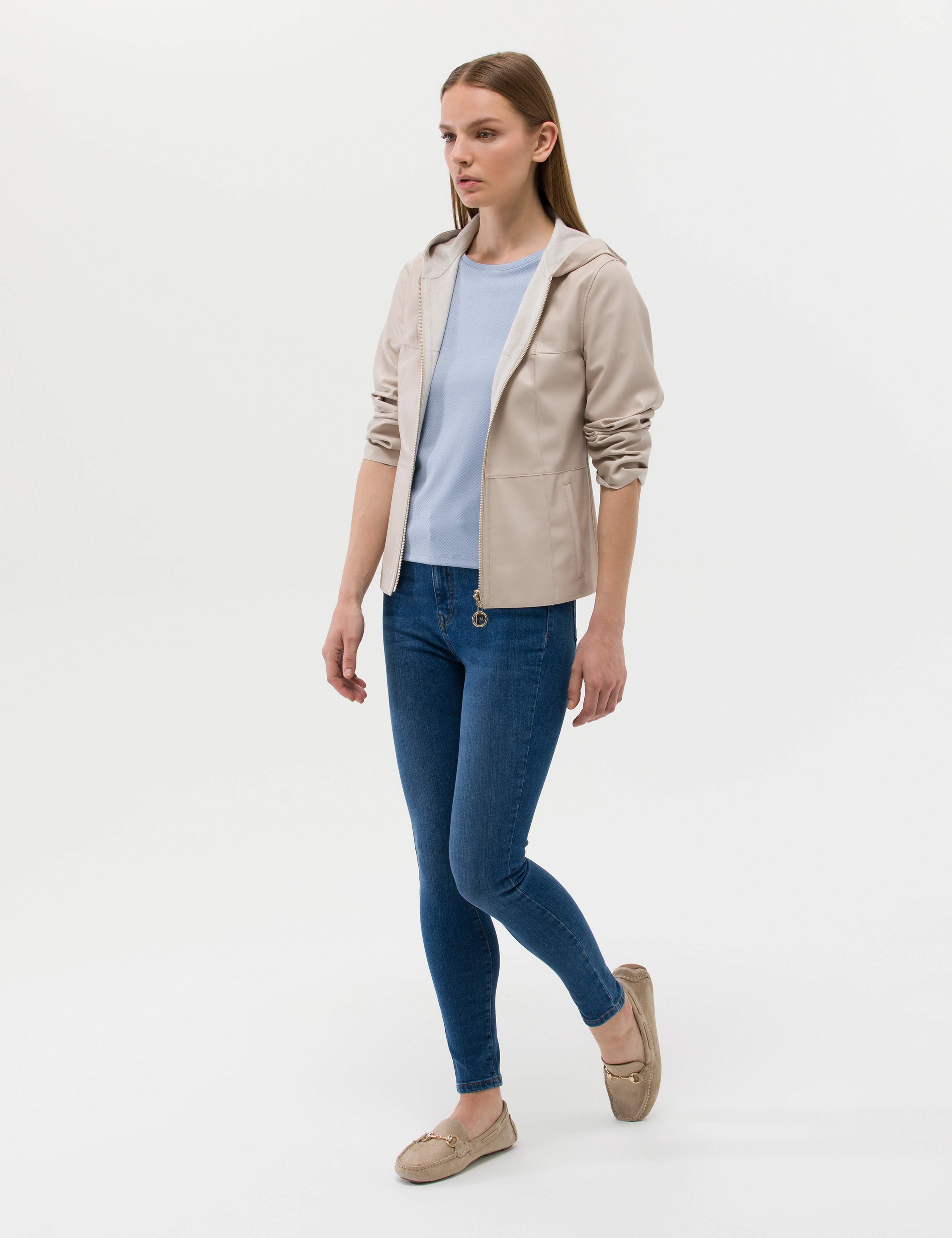 Bej Cropped Slim Suni Deri Ceket