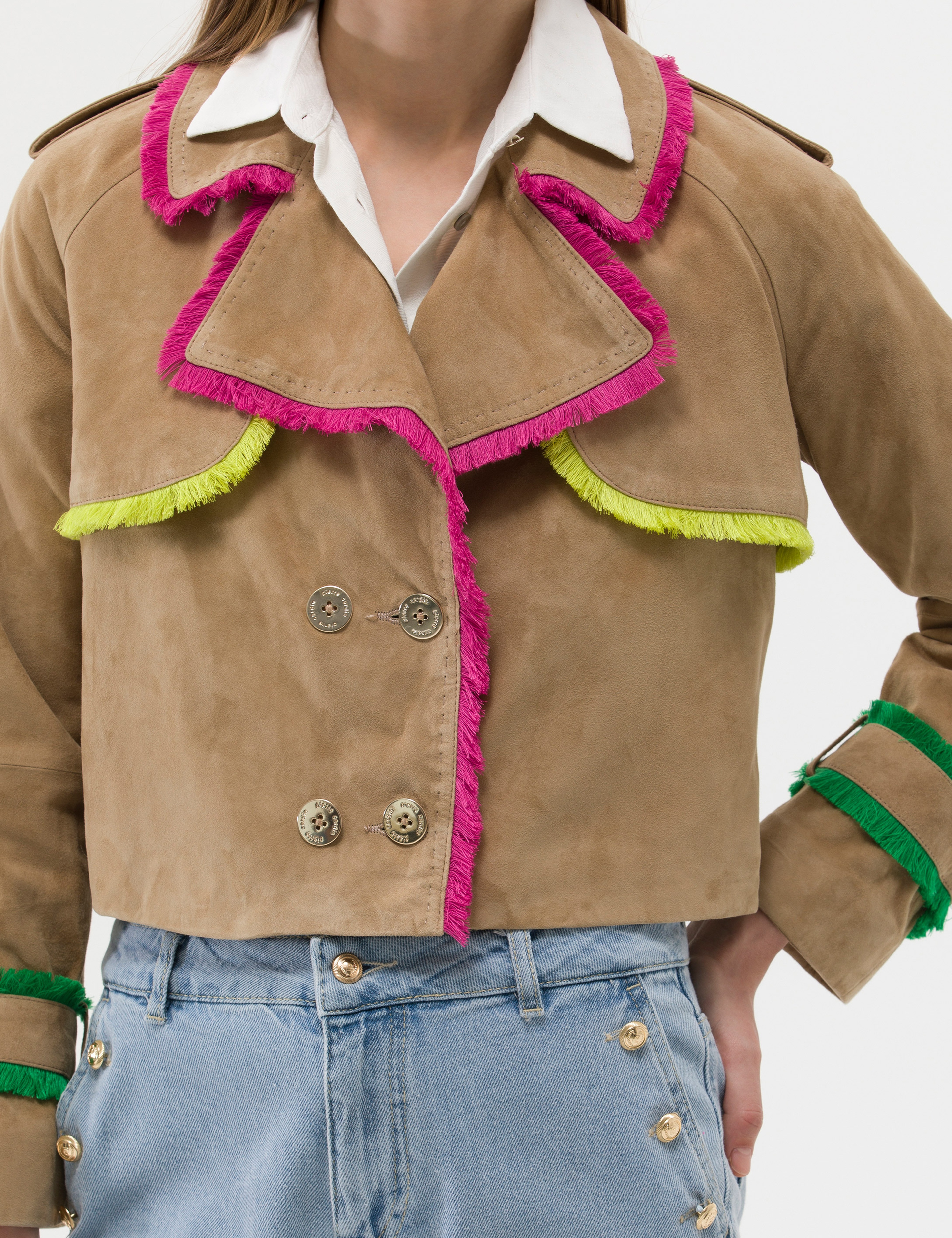 Krem Crop Top Deri Ceket - Image 6