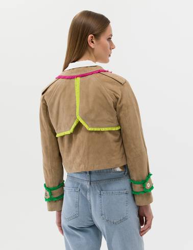 Krem Crop Top Deri Ceket