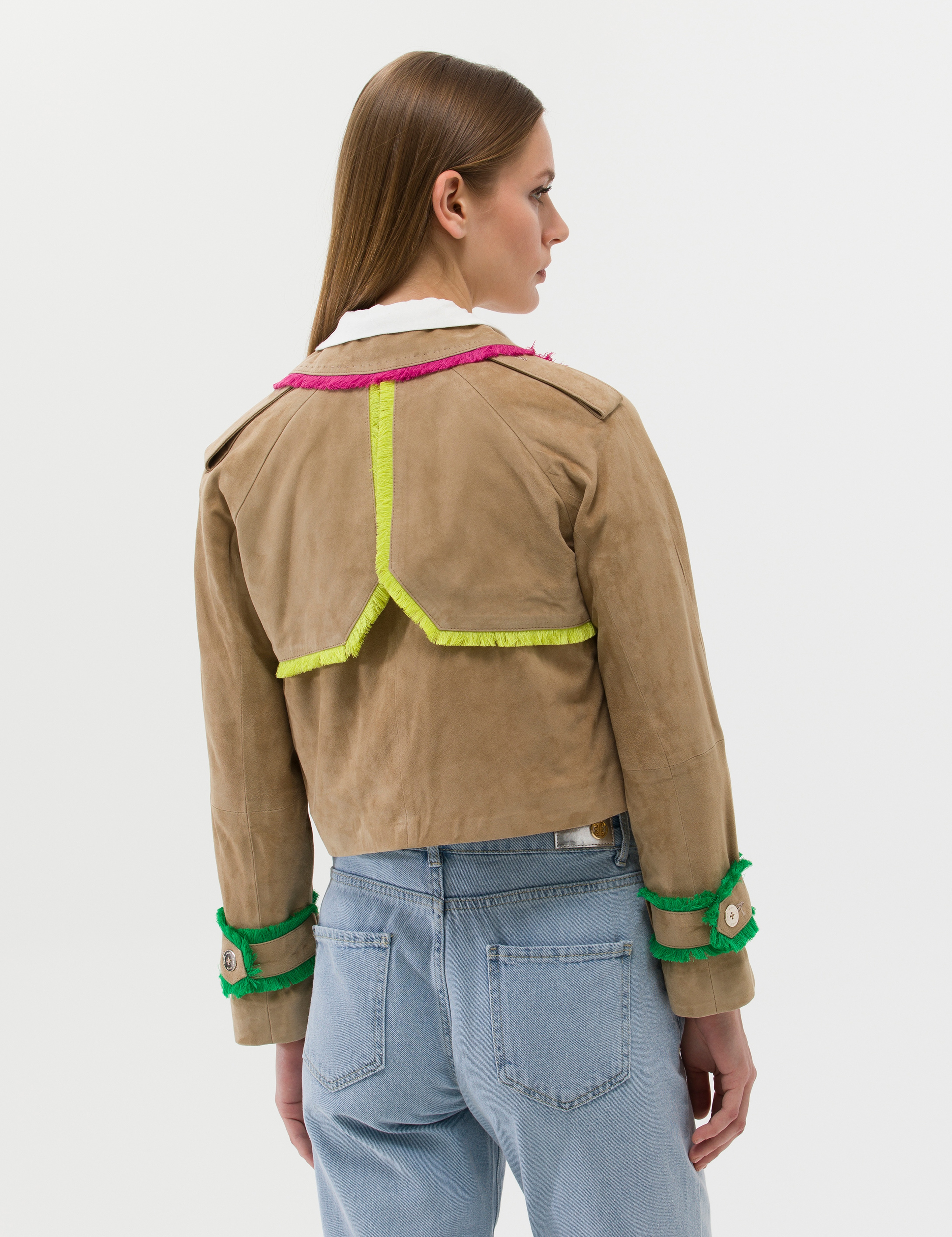 Krem Crop Top Deri Ceket - Image 5