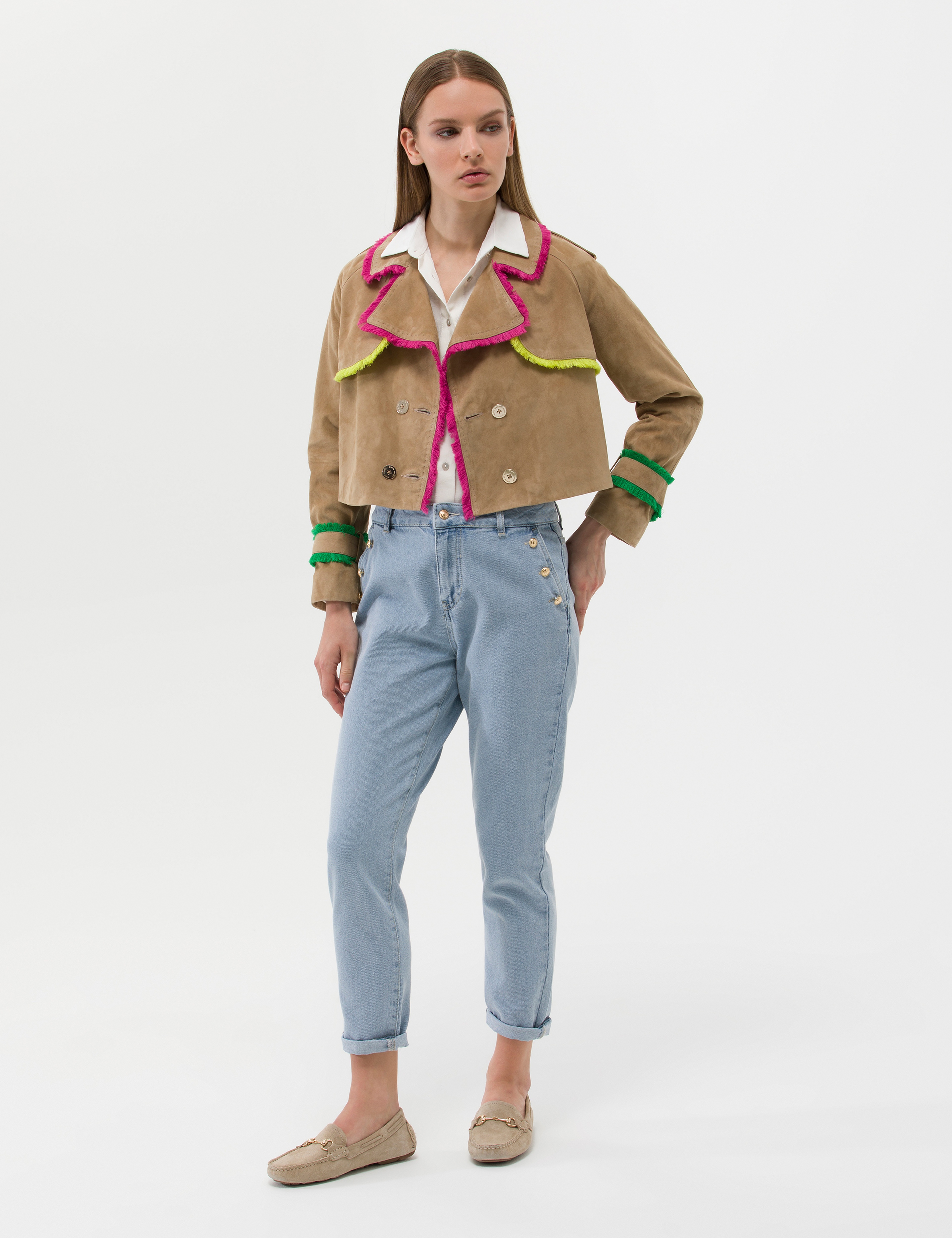 Krem Crop Top Deri Ceket - Image 4