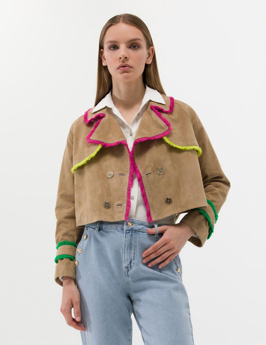 Krem Crop Top Deri Ceket