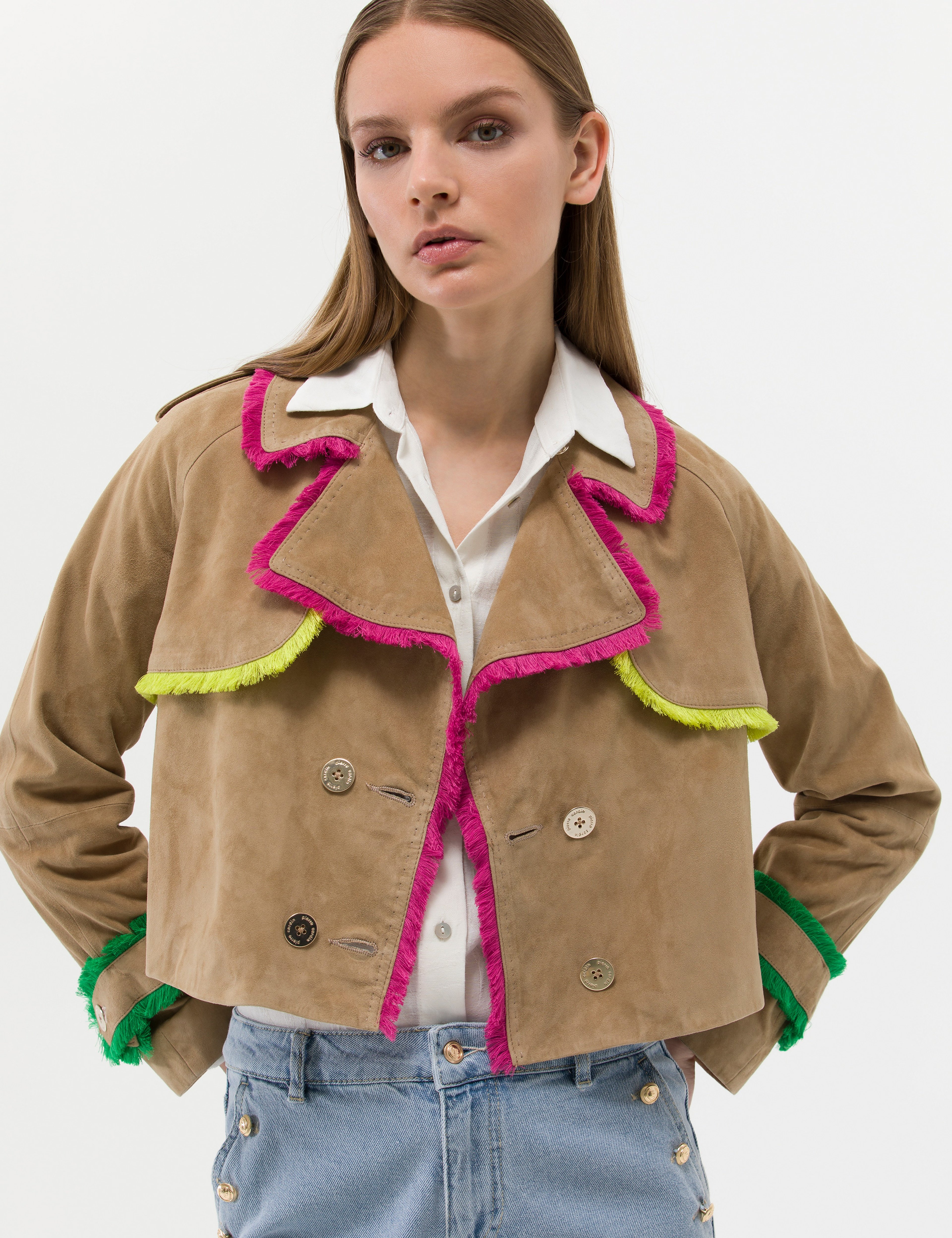 Krem Crop Top Deri Ceket - Image 2