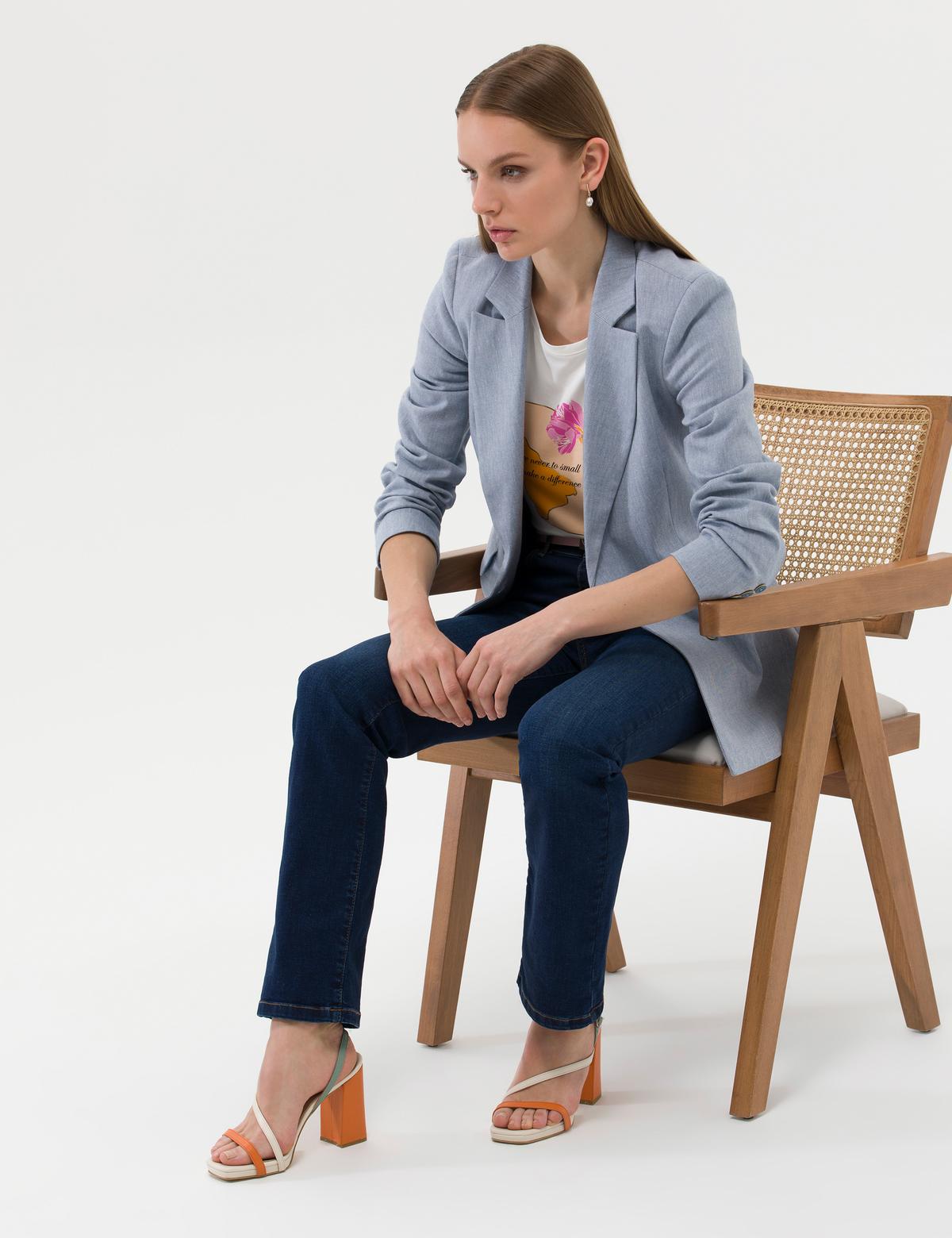 Mavi Keten Karışımlı Kruvaze Ceket - 50269143004