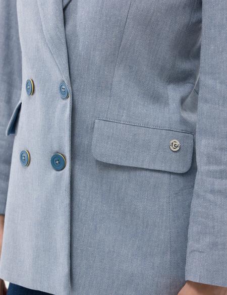 Mavi Keten Karışımlı Kruvaze Ceket - 50269143004