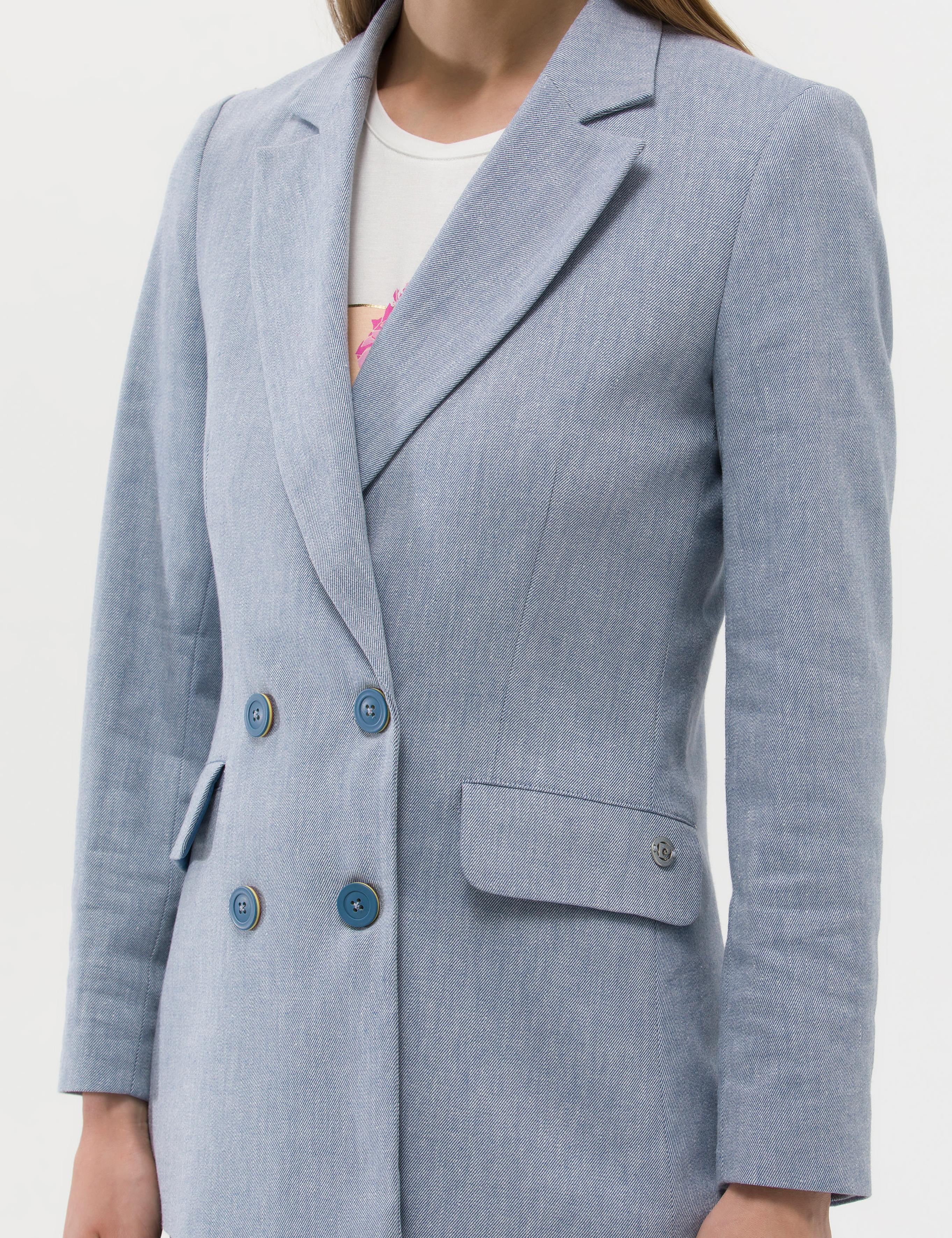 Mavi Keten Karışımlı Kruvaze Ceket