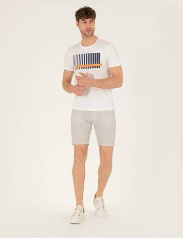 Gri Slim Fit Beli Lastikli Çizgili Bağcıklı Bermuda Şort