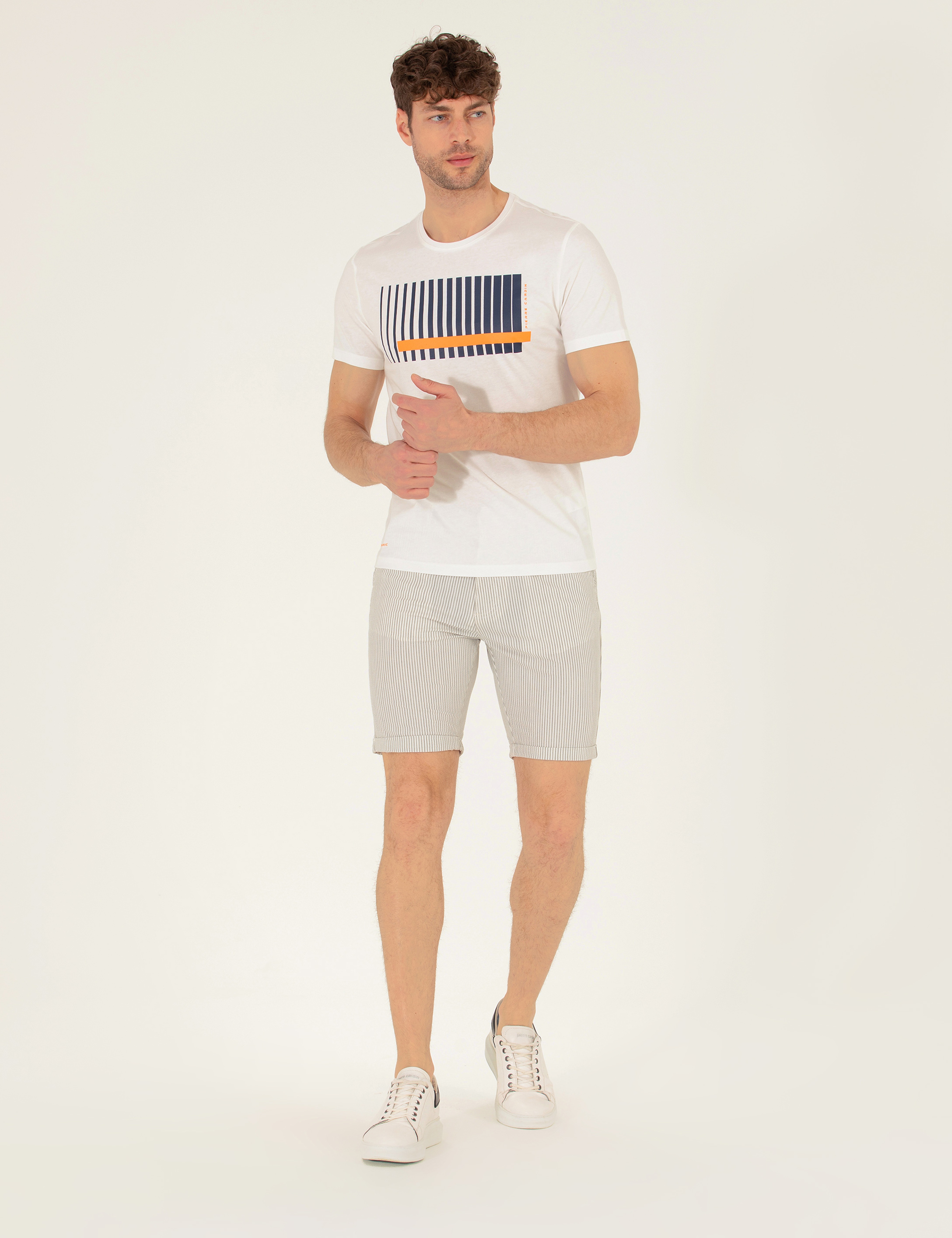 Gri Slim Fit Beli Lastikli Çizgili Bağcıklı Bermuda Şort