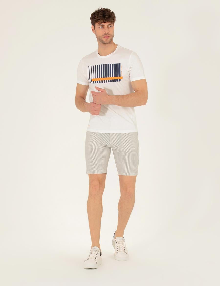 Gri Slim Fit Beli Lastikli Çizgili Bağcıklı Bermuda Şort