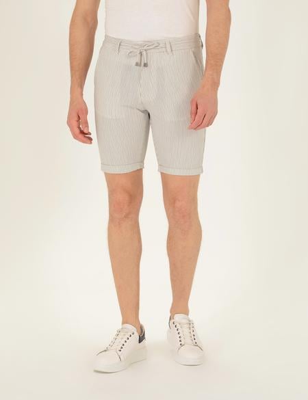 Gri Slim Fit Beli Lastikli Çizgili Bağcıklı Bermuda Şort - 50264862006