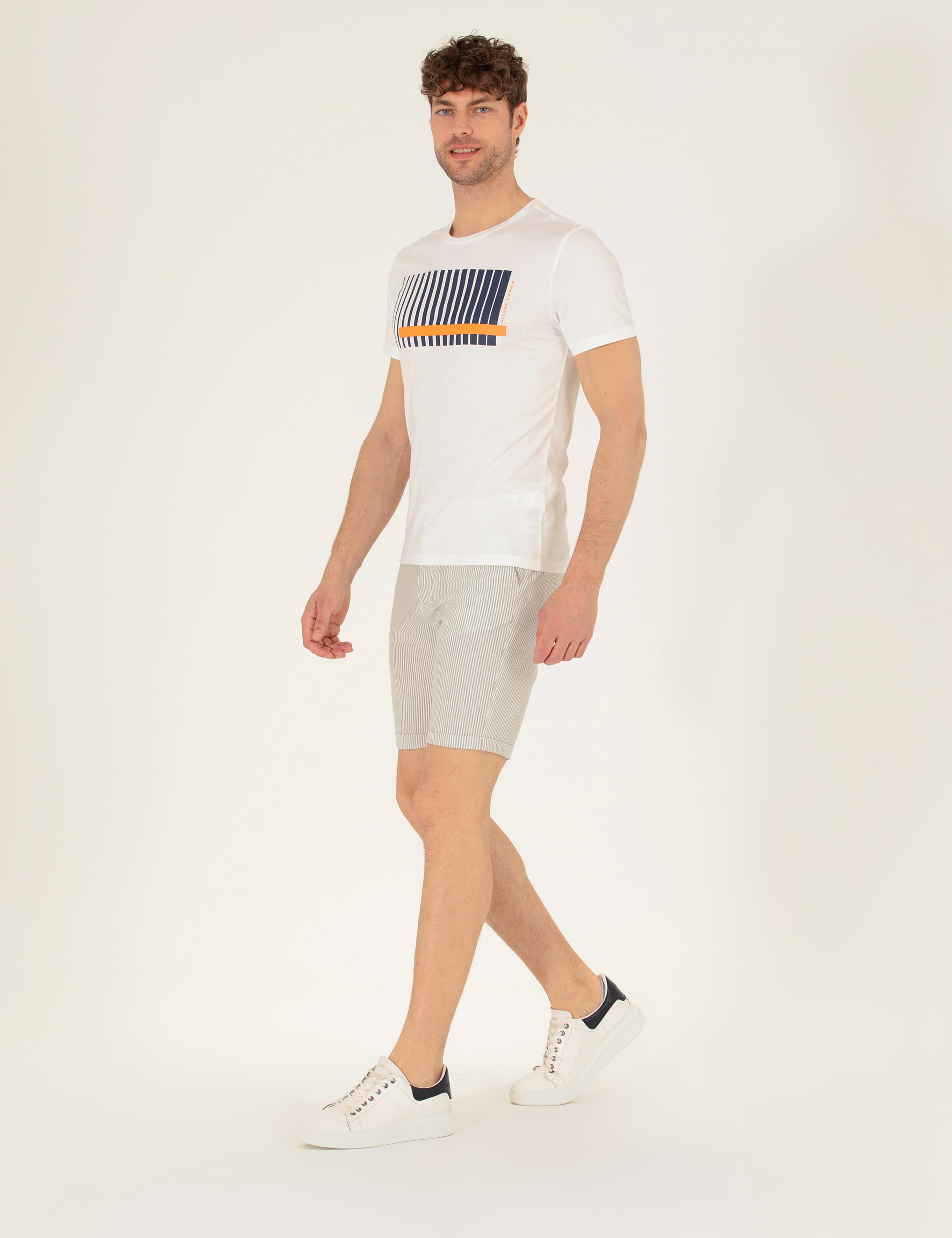 Gri Slim Fit Beli Lastikli Çizgili Bağcıklı Bermuda Şort