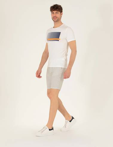 Gri Slim Fit Beli Lastikli Çizgili Bağcıklı Bermuda Şort