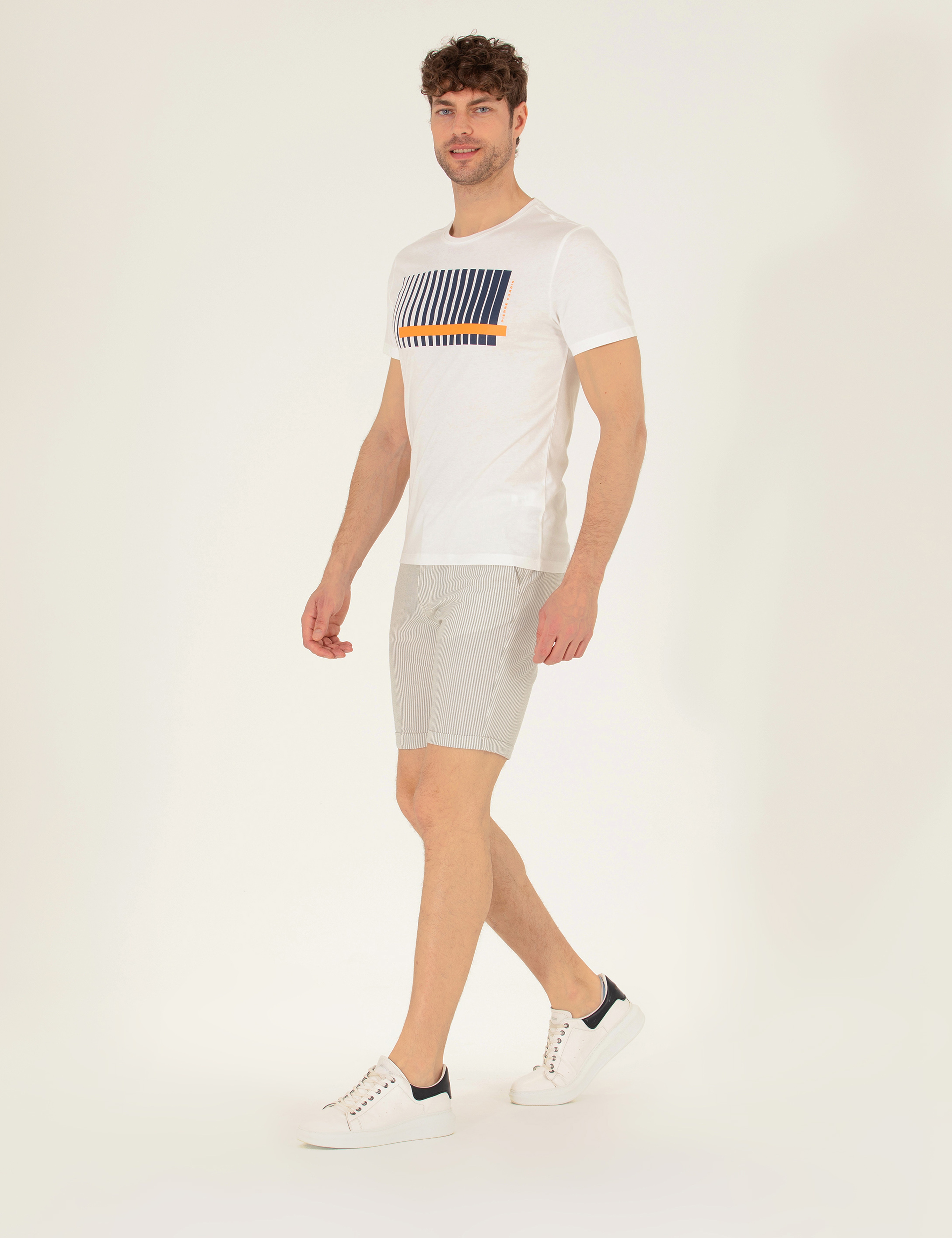 Gri Slim Fit Beli Lastikli Çizgili Bağcıklı Bermuda Şort - Image 5