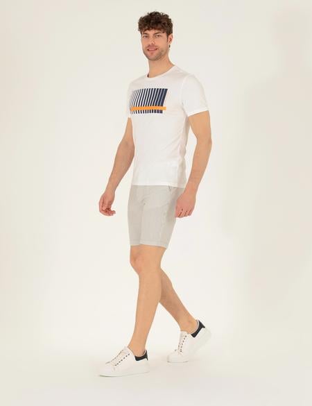 Gri Slim Fit Beli Lastikli Çizgili Bağcıklı Bermuda Şort - 50264862006