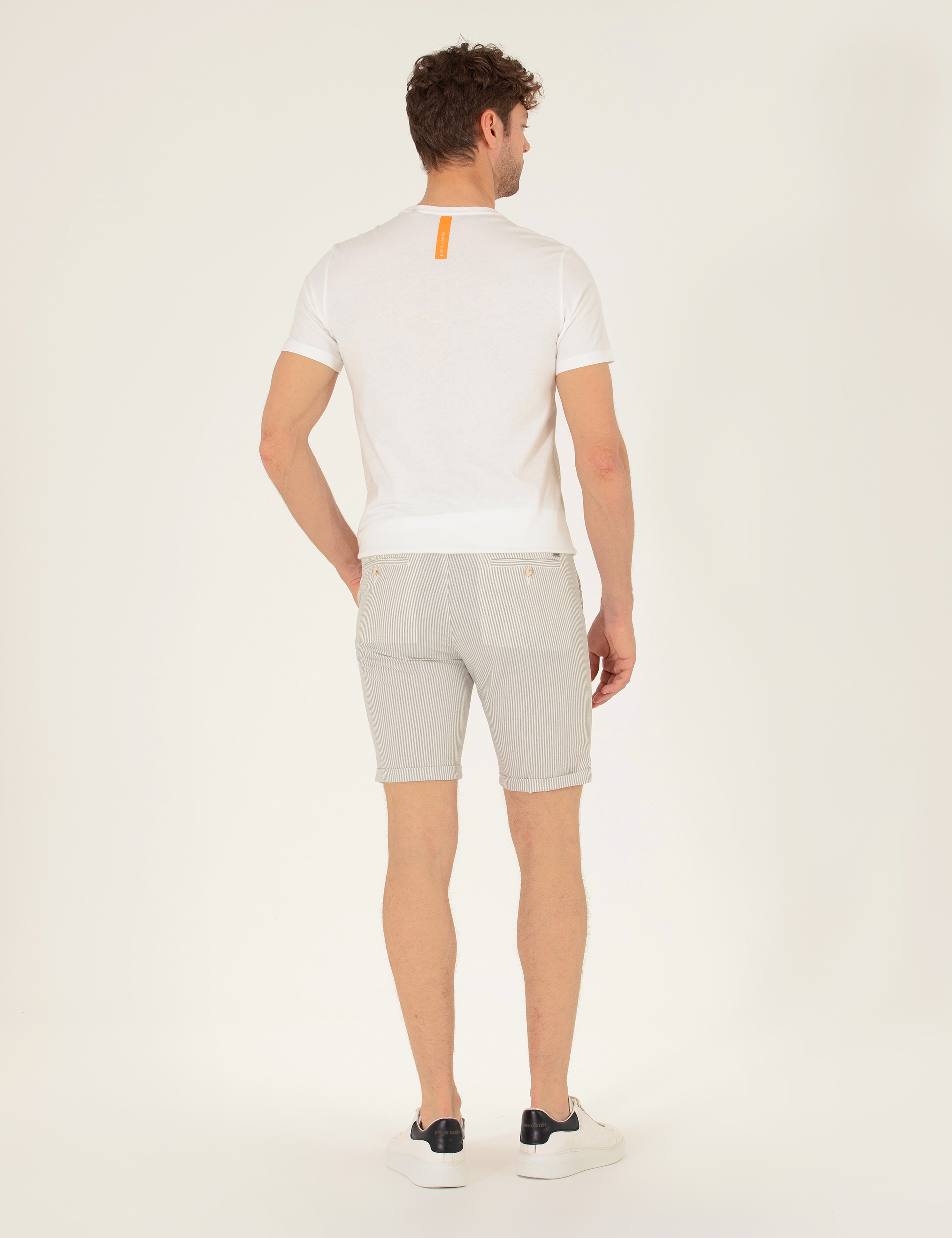 Gri Slim Fit Beli Lastikli Çizgili Bağcıklı Bermuda Şort - Image 6