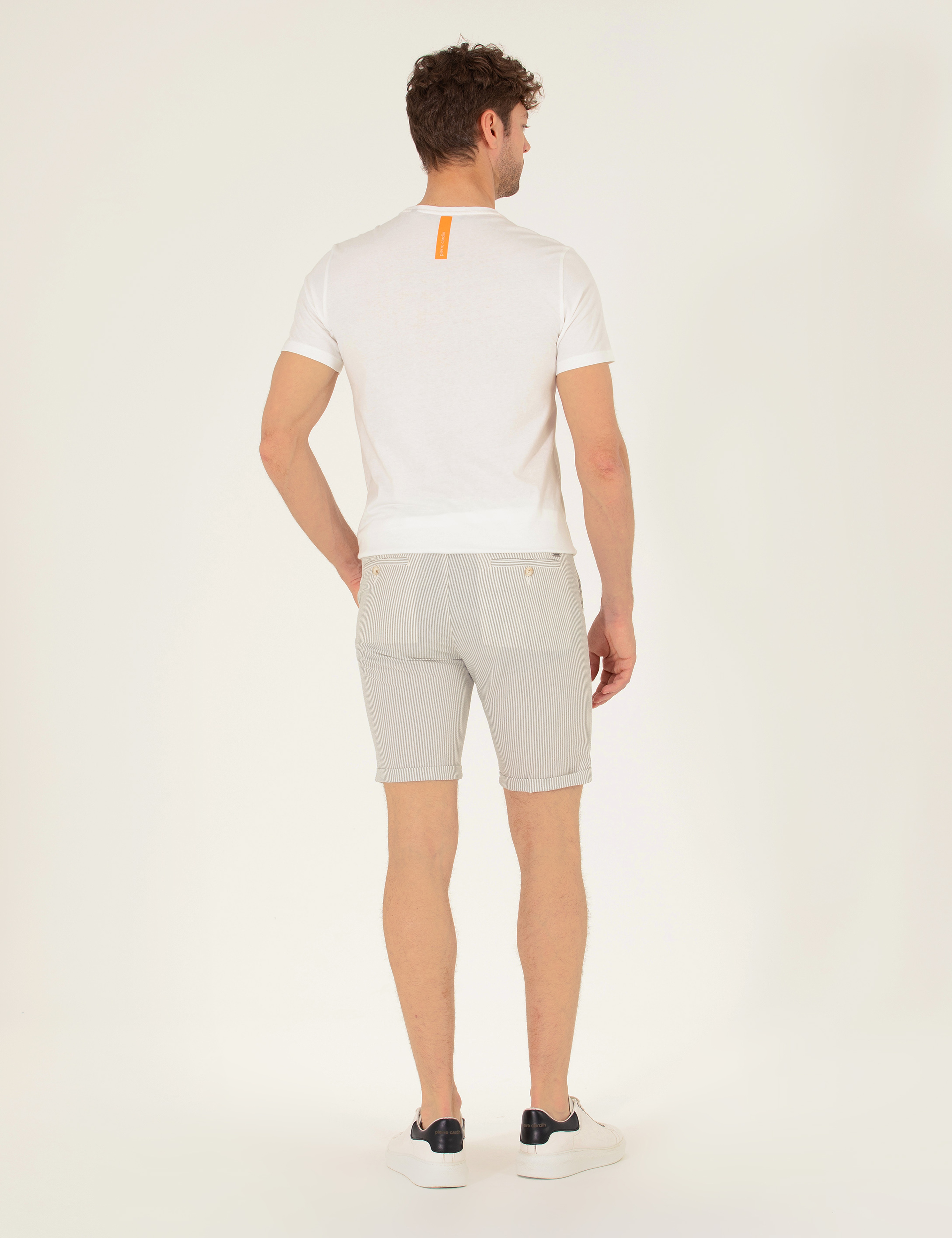Gri Slim Fit Beli Lastikli Çizgili Bağcıklı Bermuda Şort