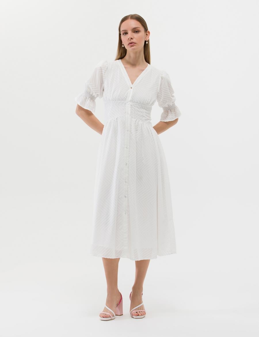 Ekru Regular Fit Dokuma Elbise