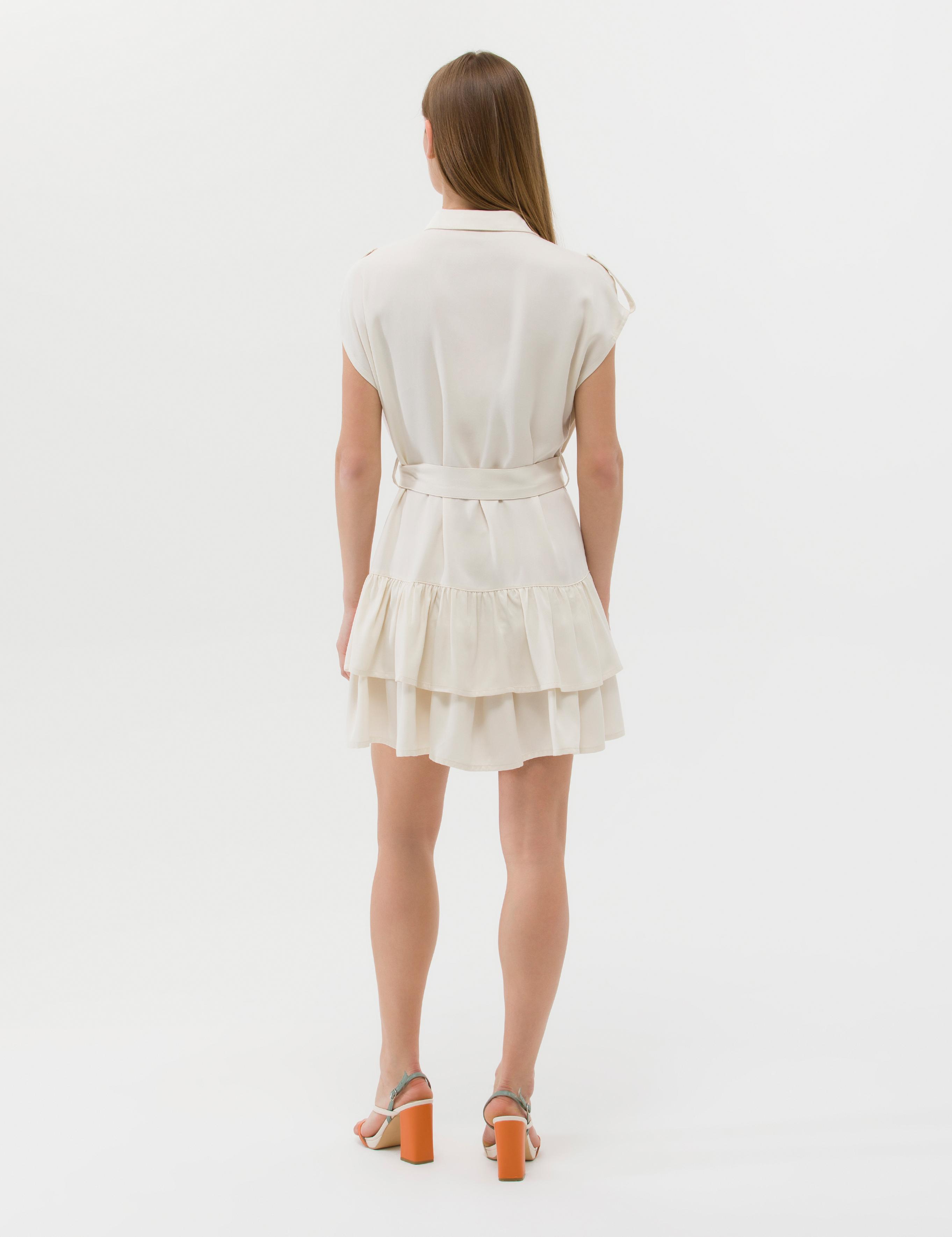 Krem Kuşak Detaylı Volanlı Elbise