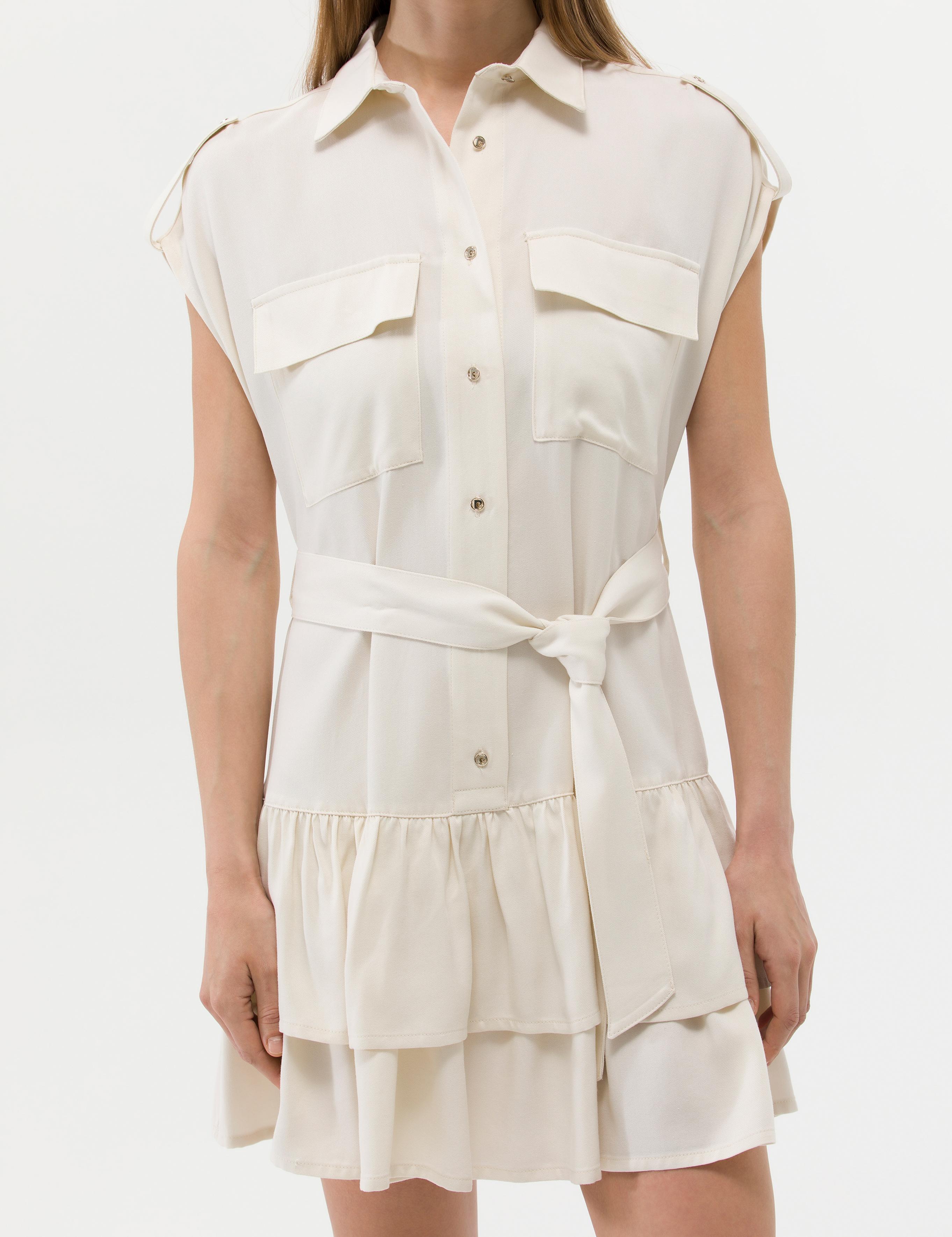 Krem Kuşak Detaylı Volanlı Elbise