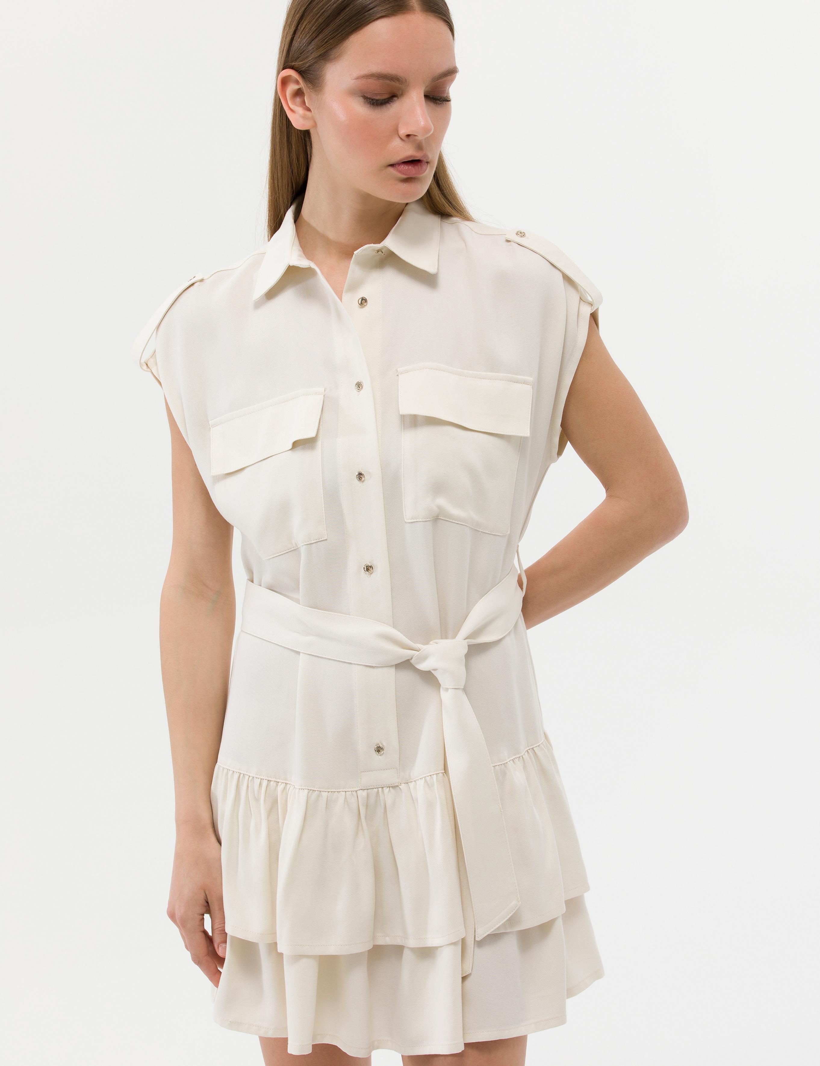 Krem Kuşak Detaylı Volanlı Elbise