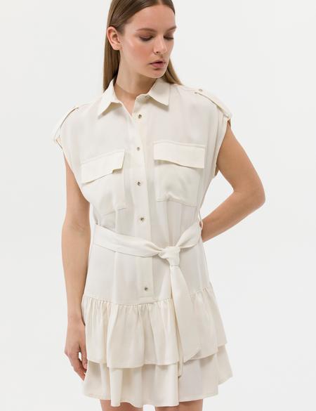 Krem Kuşak Detaylı Volanlı Elbise - 50262964001