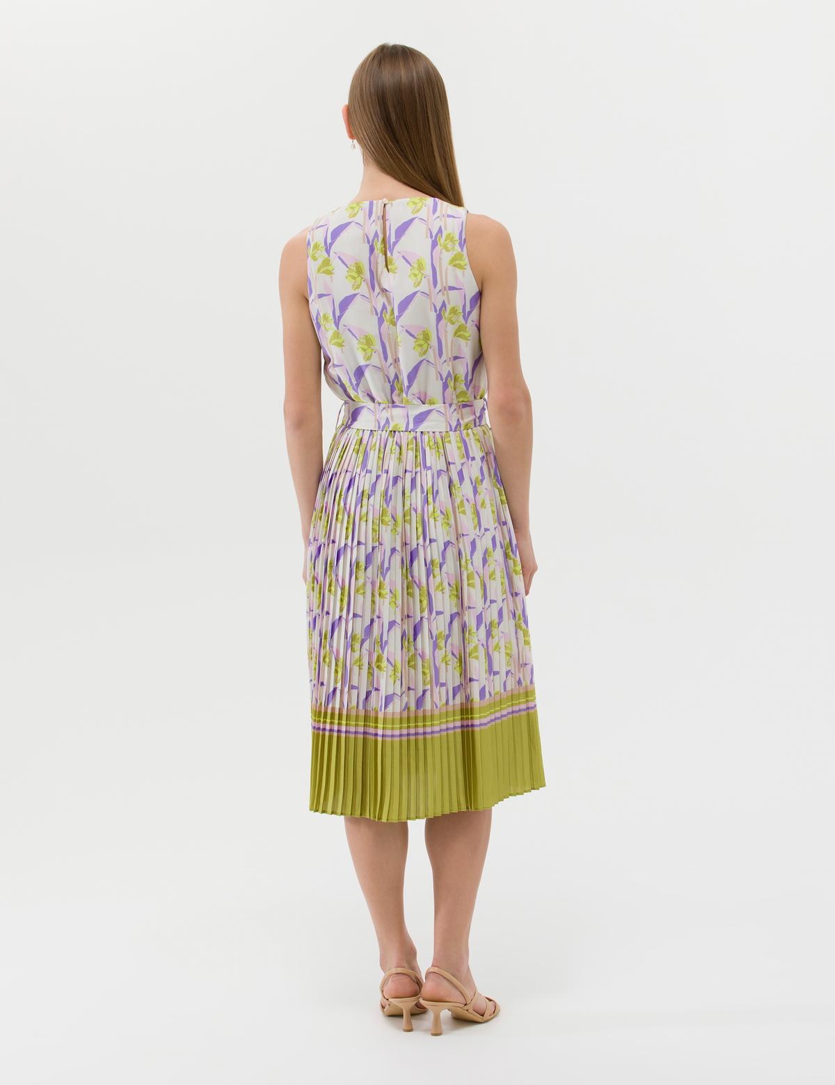 Yeşil Kuşak Detaylı Pileli Midi Elbise - 50269348010