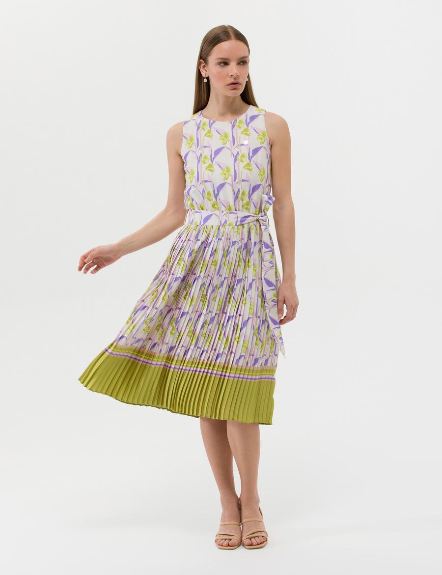 Yeşil Kuşak Detaylı Pileli Midi Elbise