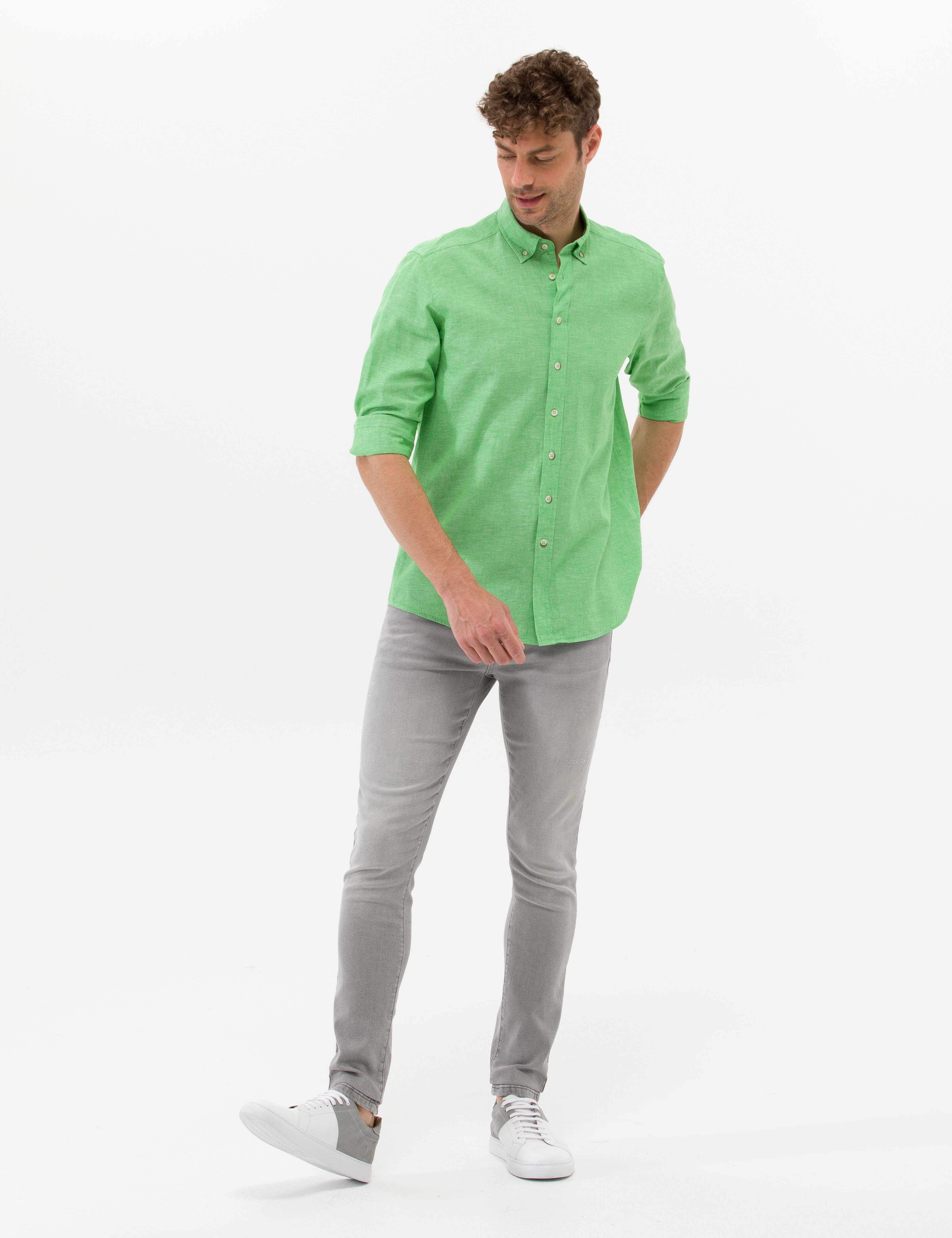 Fıstık Yeşili Regular Fit Uzun Kollu Gömlek - Image 4