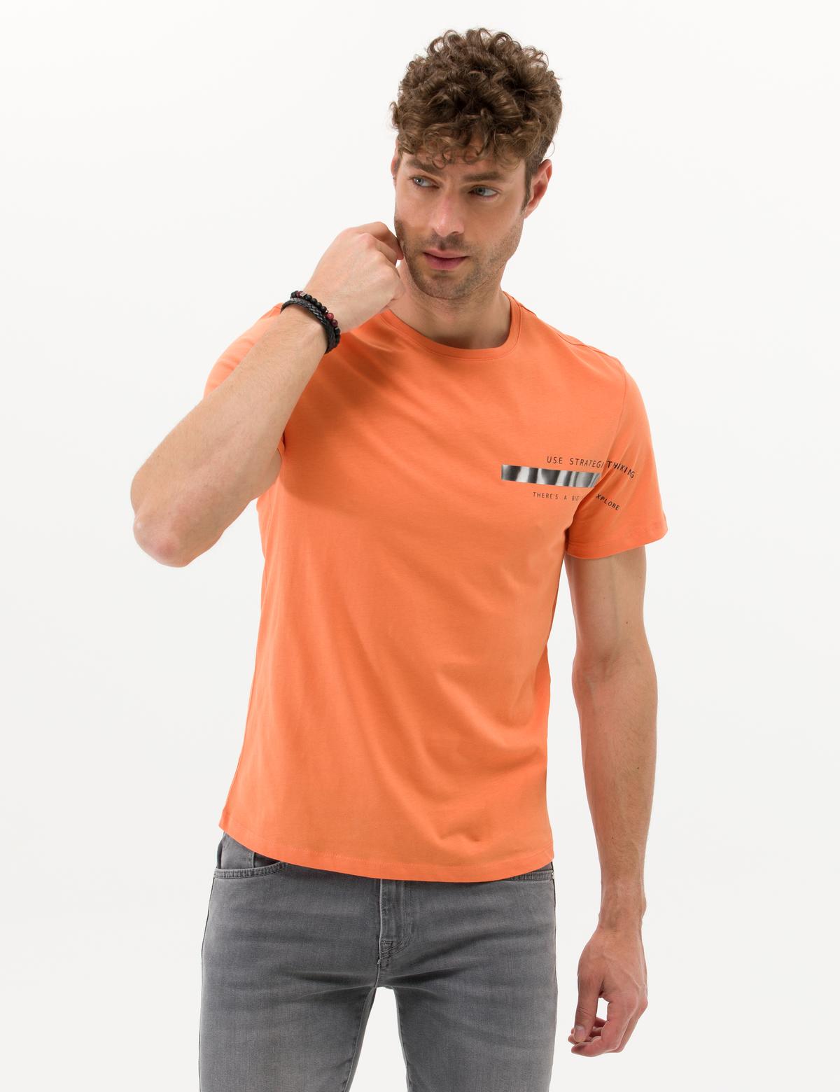 Turuncu Slim Fit Baskılı Bisiklet Yaka Tişört