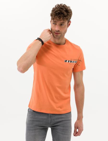 Turuncu Slim Fit Baskılı Bisiklet Yaka Tişört - 50262619066