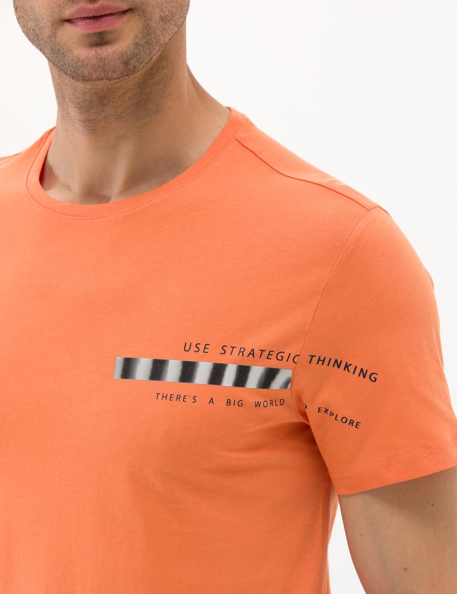Turuncu Slim Fit Baskılı Bisiklet Yaka Tişört