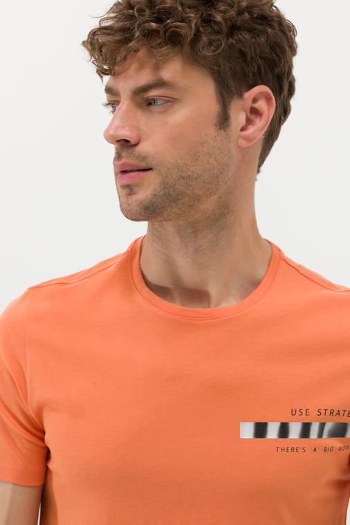 Turuncu Slim Fit Baskılı Bisiklet Yaka Tişört