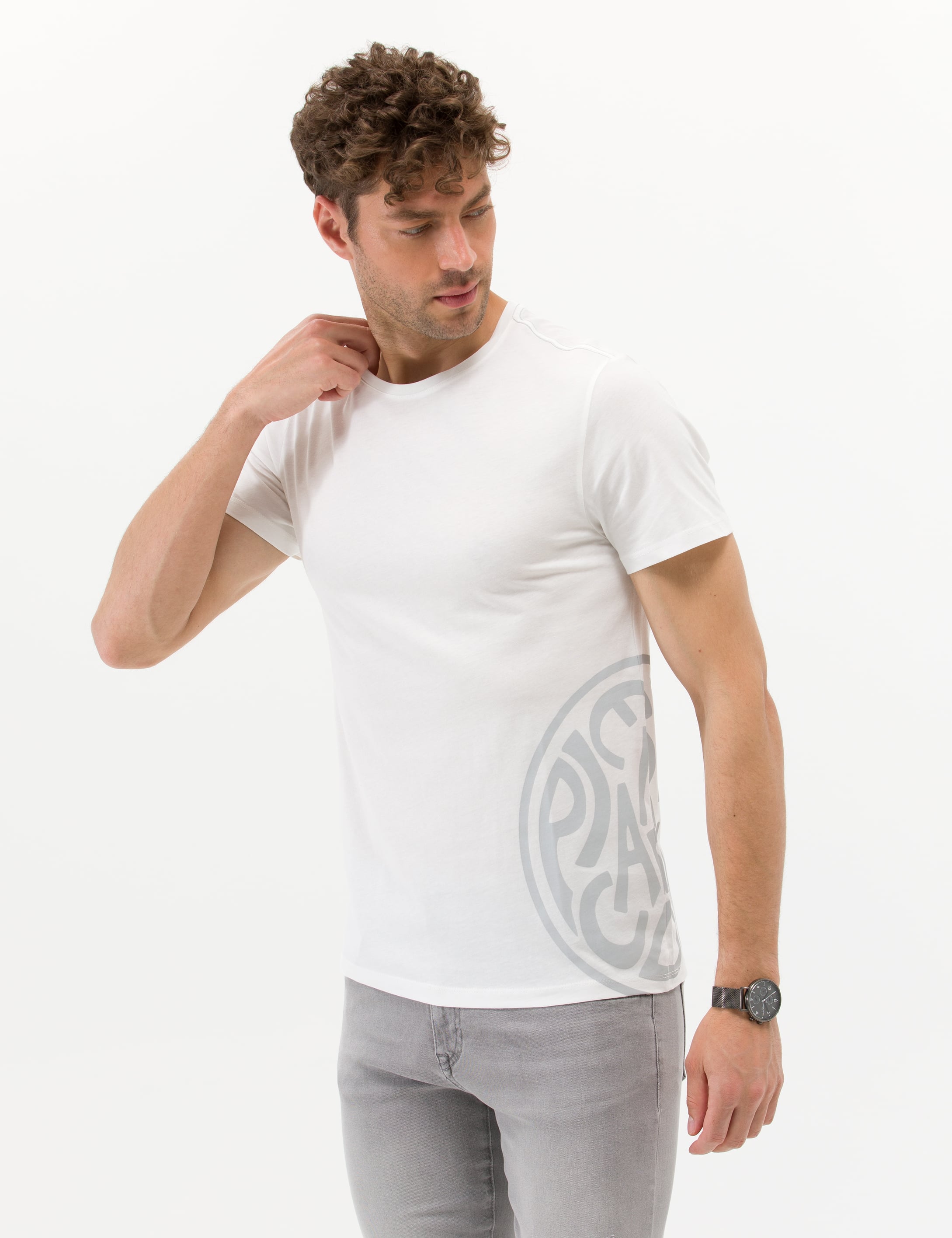 Ekru Slim Fit Baskılı Bisiklet Yaka Tişört