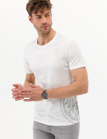 Ekru Slim Fit Baskılı Bisiklet Yaka Tişört - 50264193023