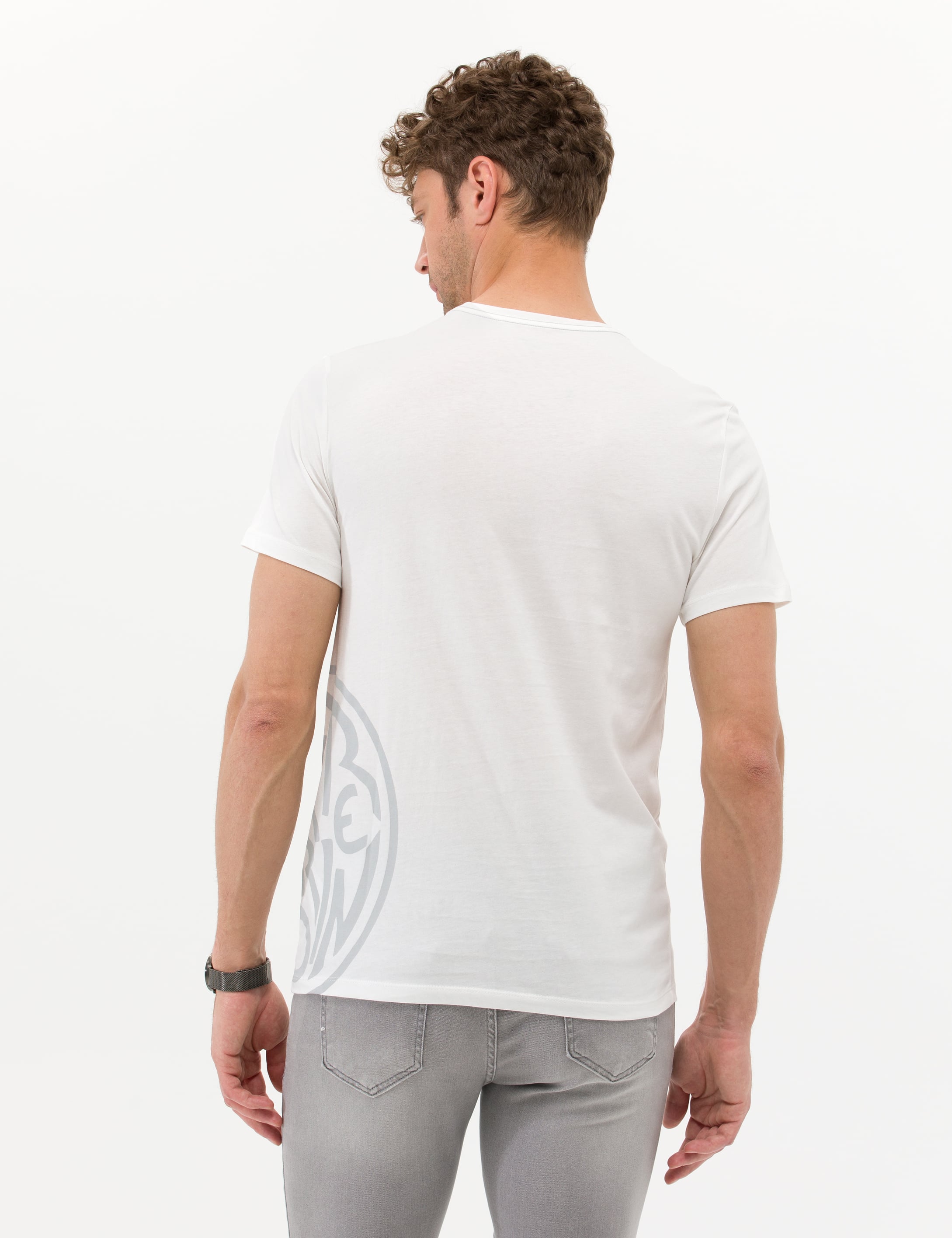 Ekru Slim Fit Baskılı Bisiklet Yaka Tişört - Image 5