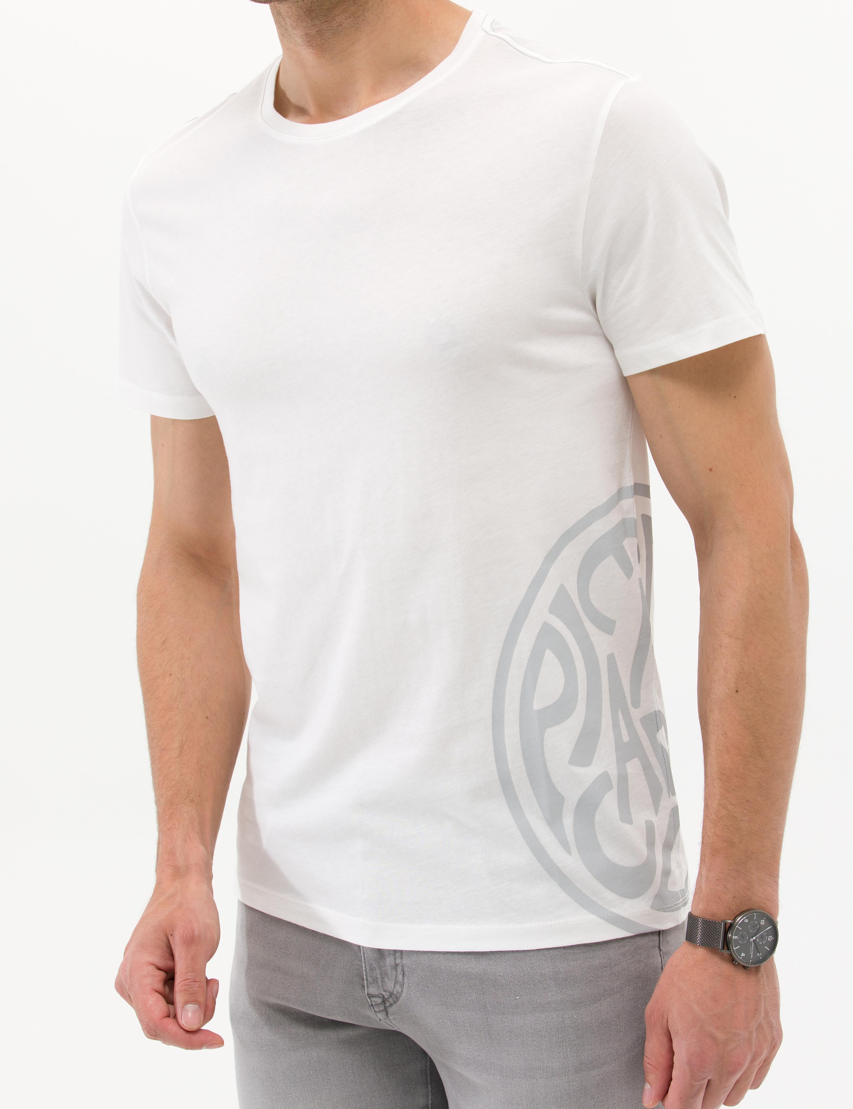 Ekru Slim Fit Baskılı Bisiklet Yaka Tişört