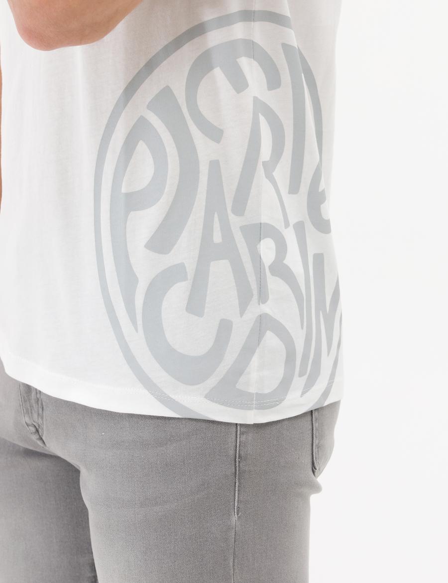 Ekru Slim Fit Baskılı Bisiklet Yaka Tişört