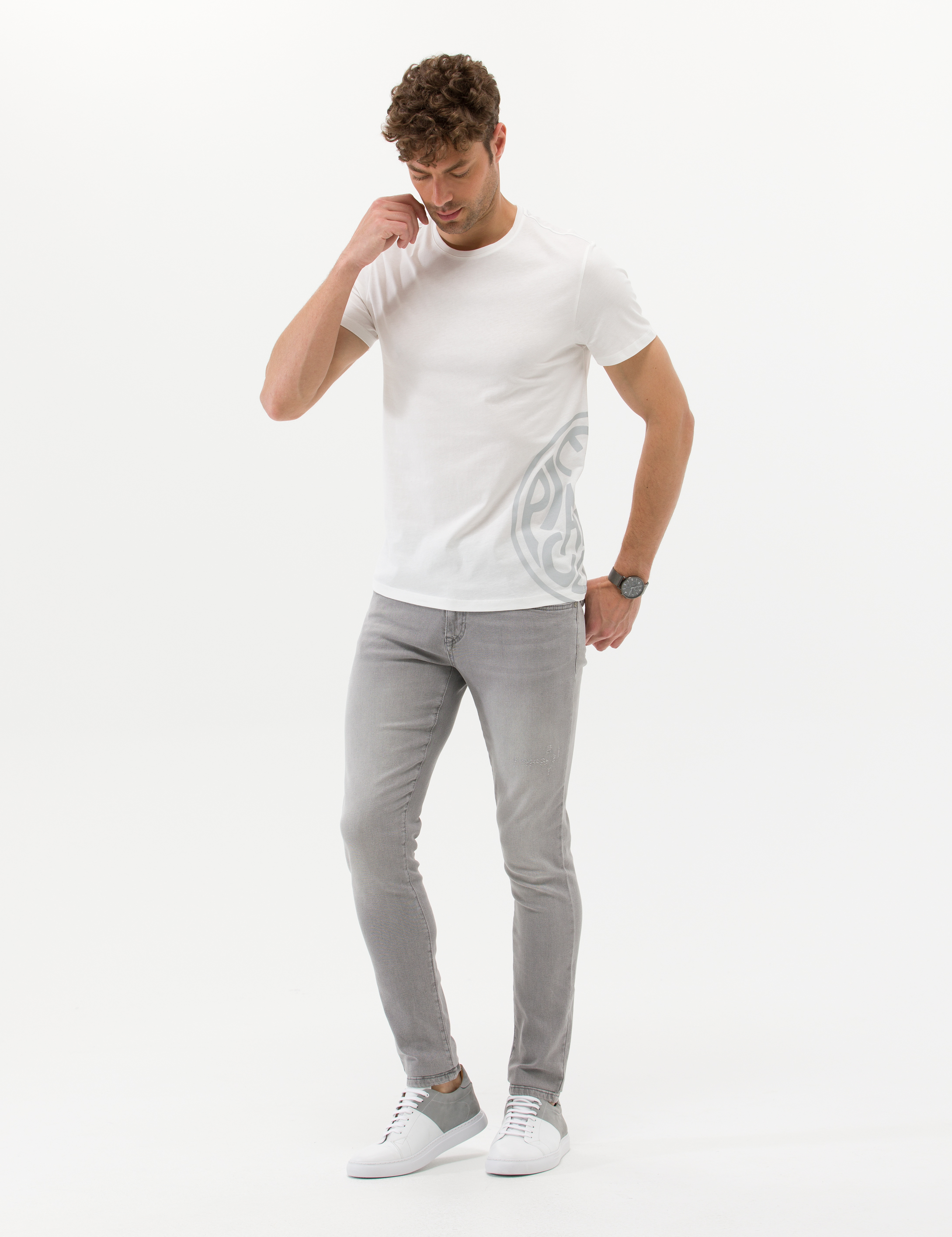 Ekru Slim Fit Baskılı Bisiklet Yaka Tişört - Image 4