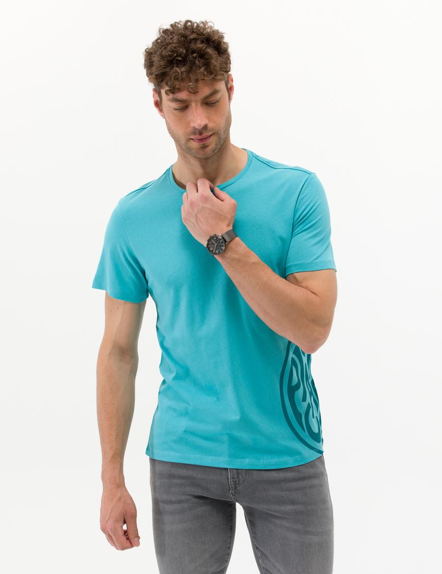 Mavi Slim Fit Baskılı Bisiklet Yaka Tişört