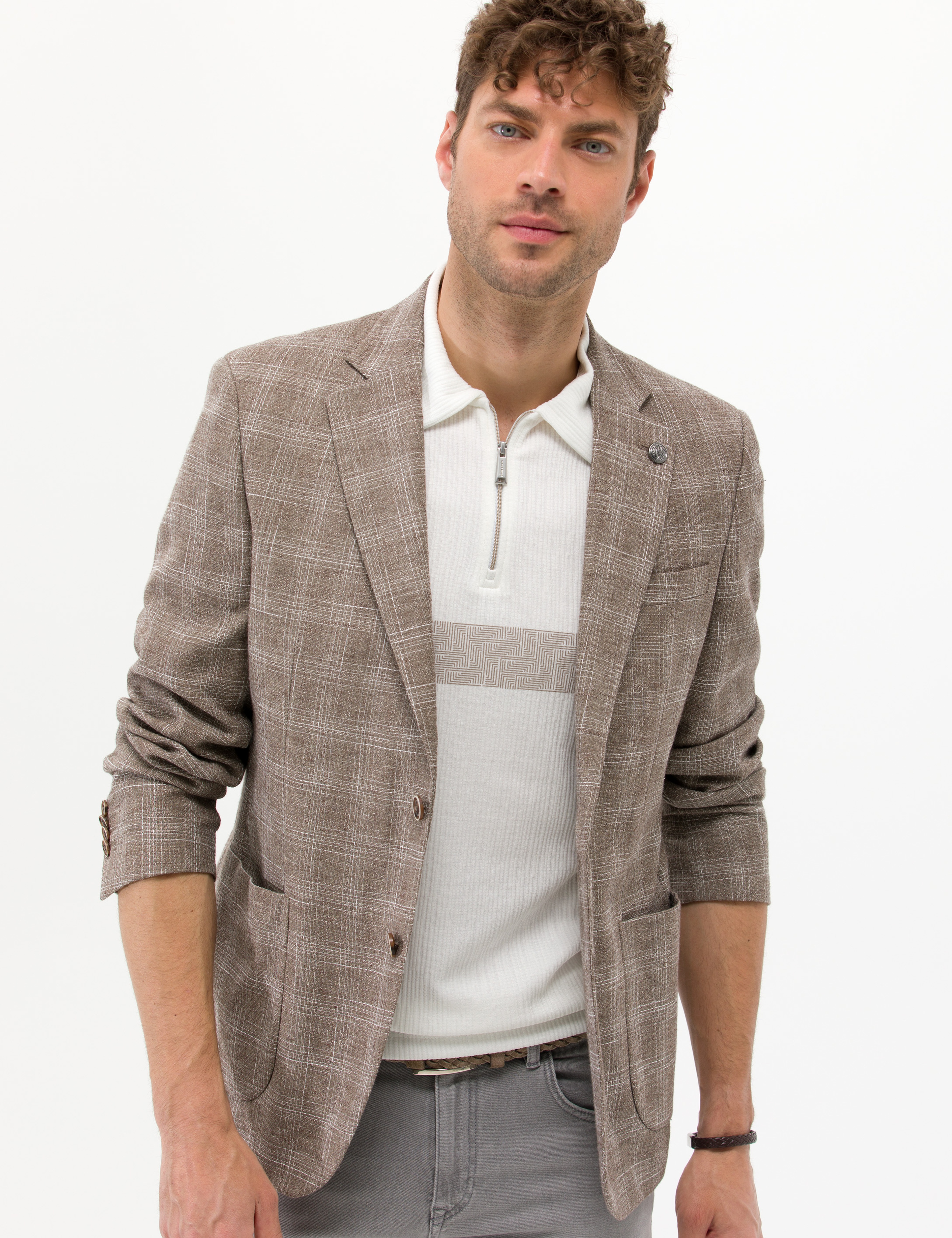 Açık Kahverengi Slim Fit Yün Keten Karışımlı Ekose Ceket