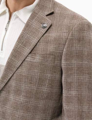 Açık Kahverengi Slim Fit Yün Keten Karışımlı Ekose Ceket
