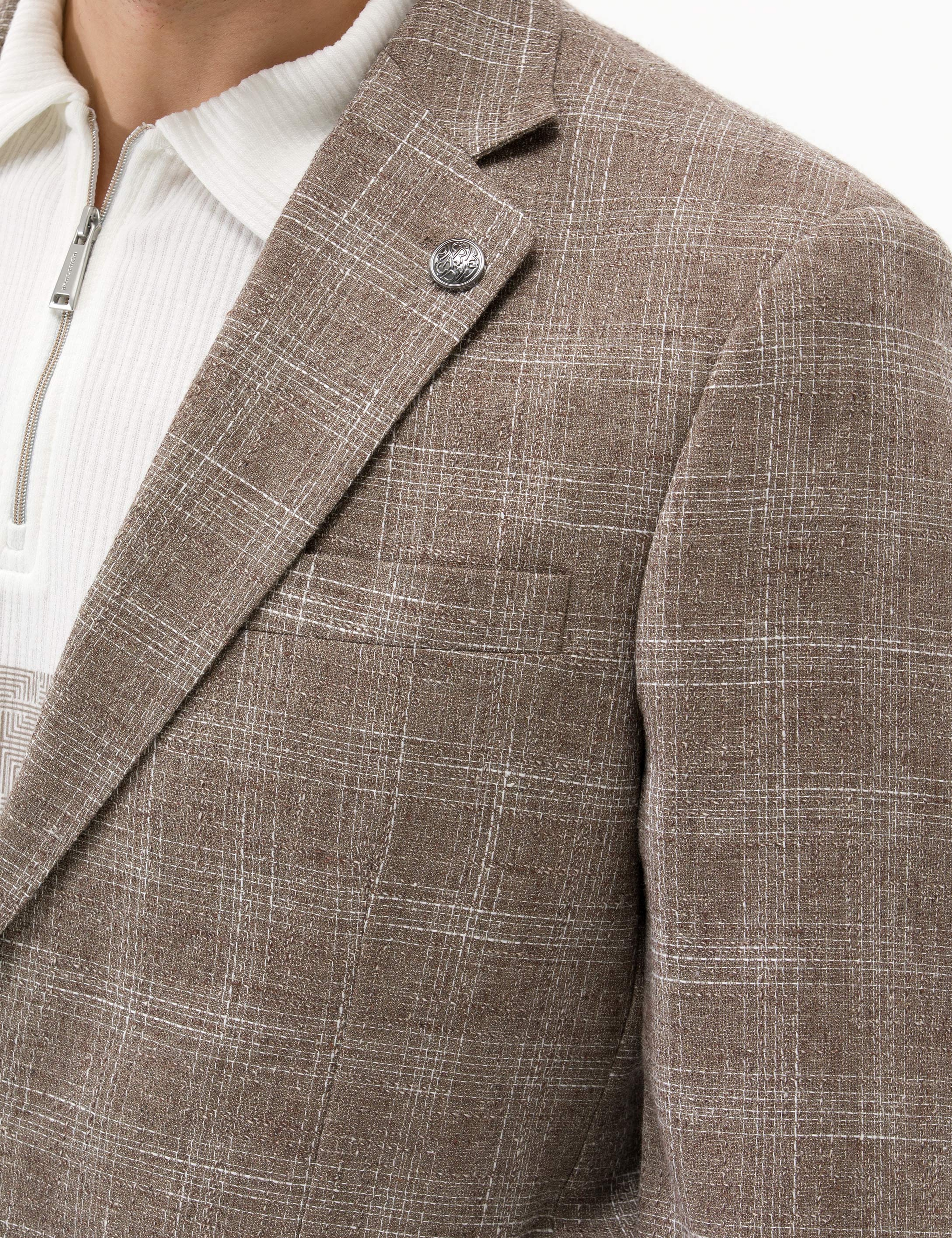 Açık Kahverengi Slim Fit Yün Keten Karışımlı Ekose Ceket
