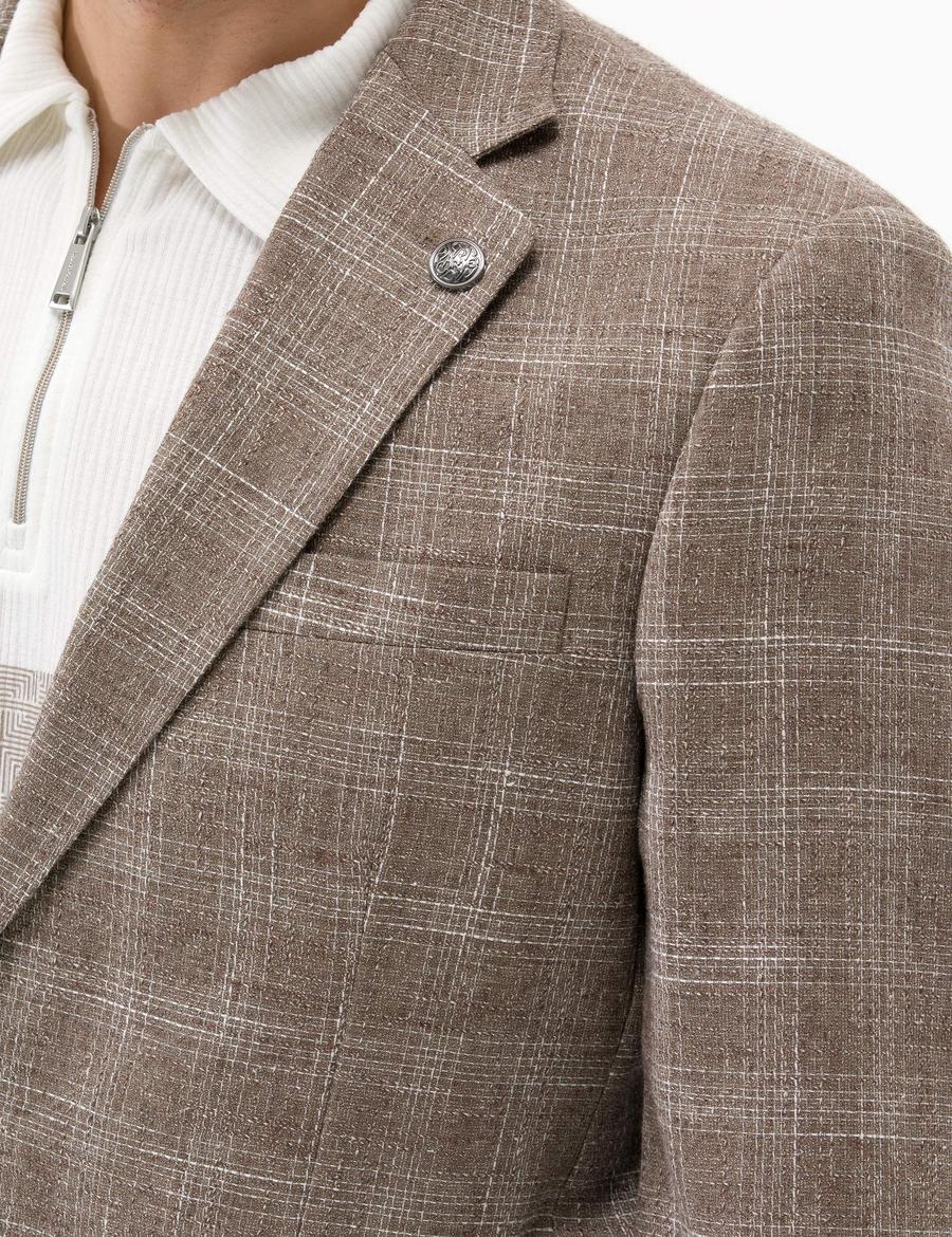 Açık Kahverengi Slim Fit Yün Keten Karışımlı Ekose Ceket
