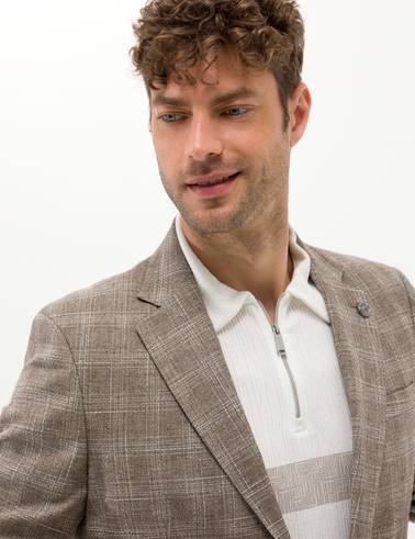 Açık Kahverengi Slim Fit Yün Keten Karışımlı Ekose Ceket