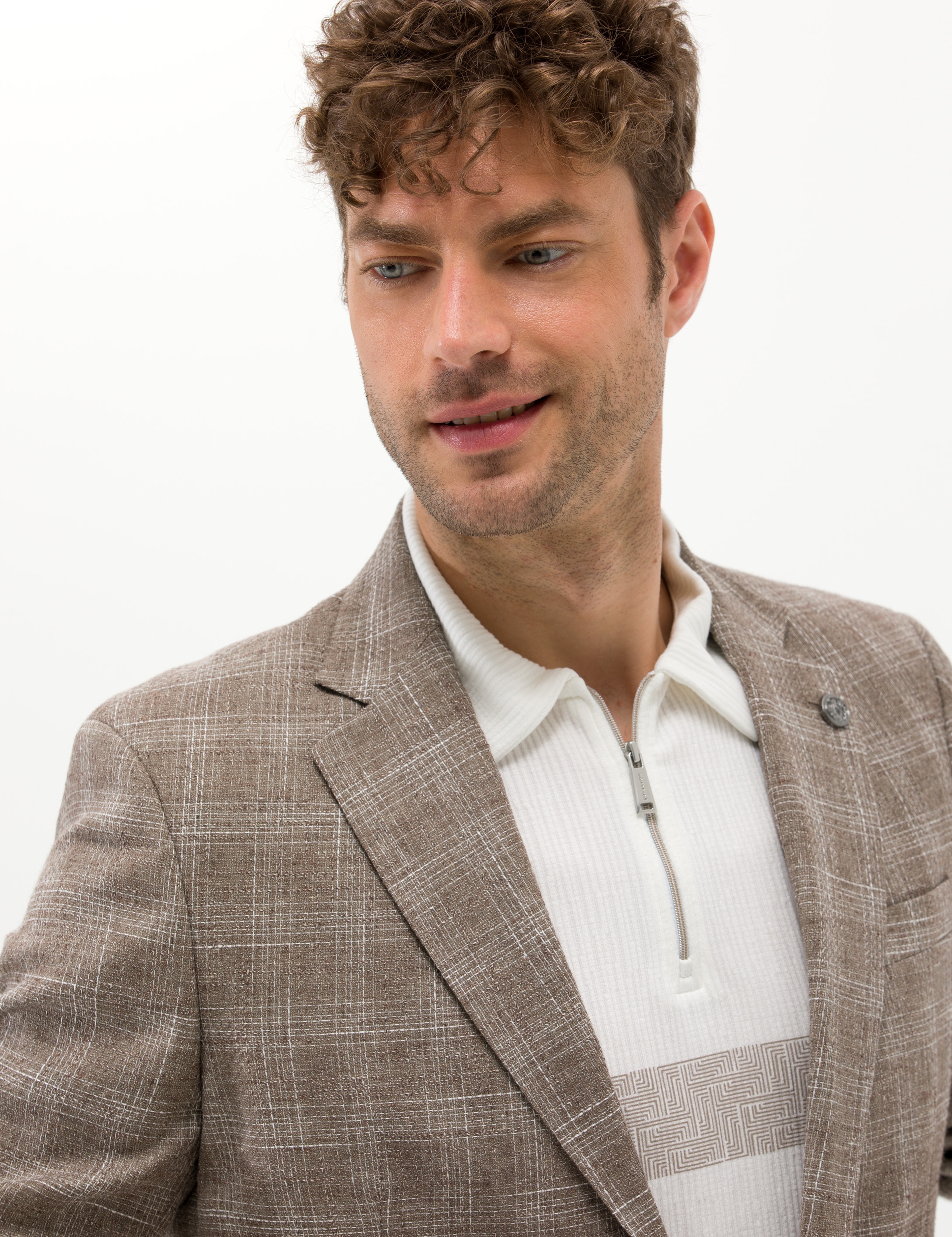 Açık Kahverengi Slim Fit Yün Keten Karışımlı Ekose Ceket