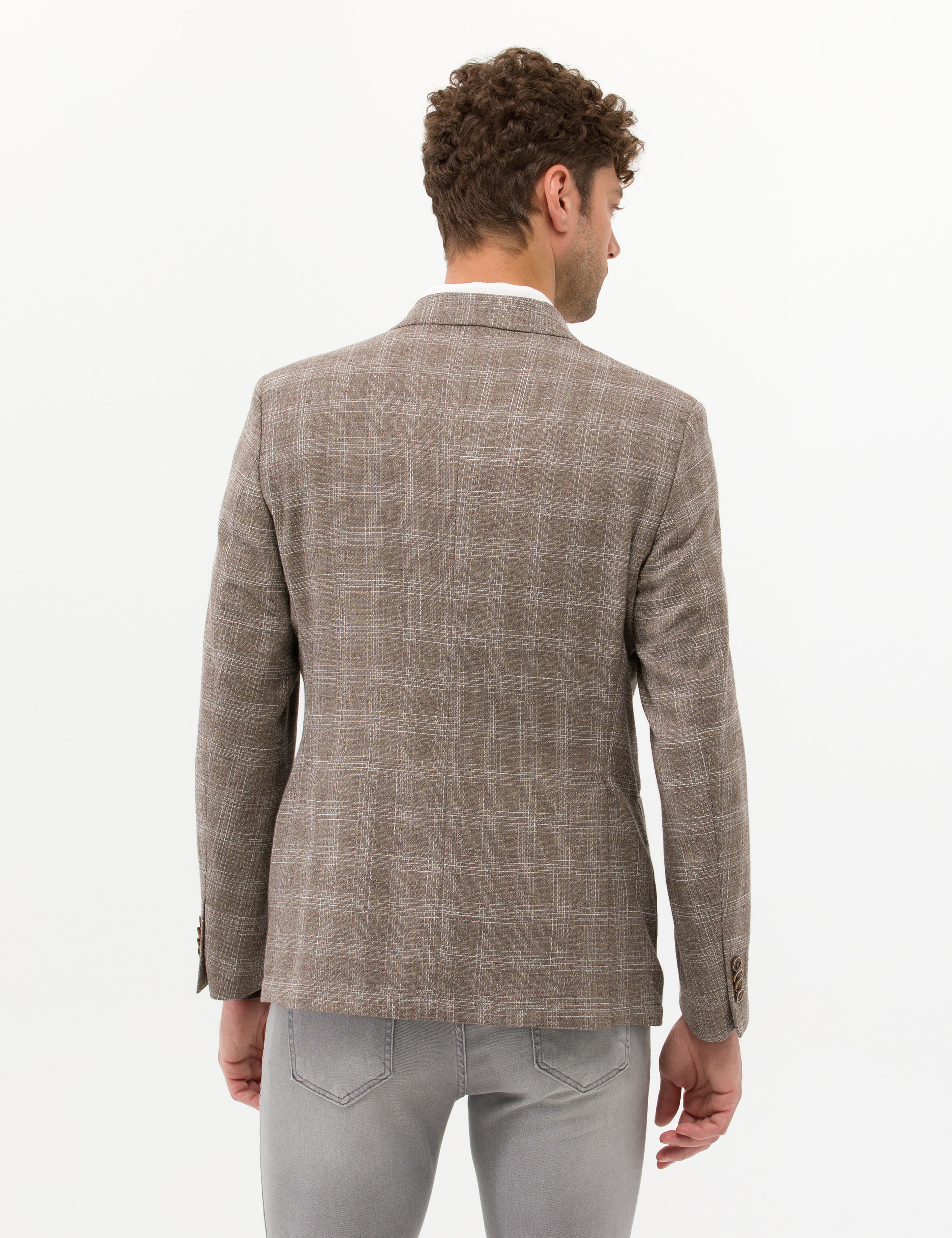 Açık Kahverengi Slim Fit Yün Keten Karışımlı Ekose Ceket - Image 5