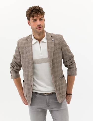 Açık Kahverengi Slim Fit Yün Keten Karışımlı Ekose Ceket