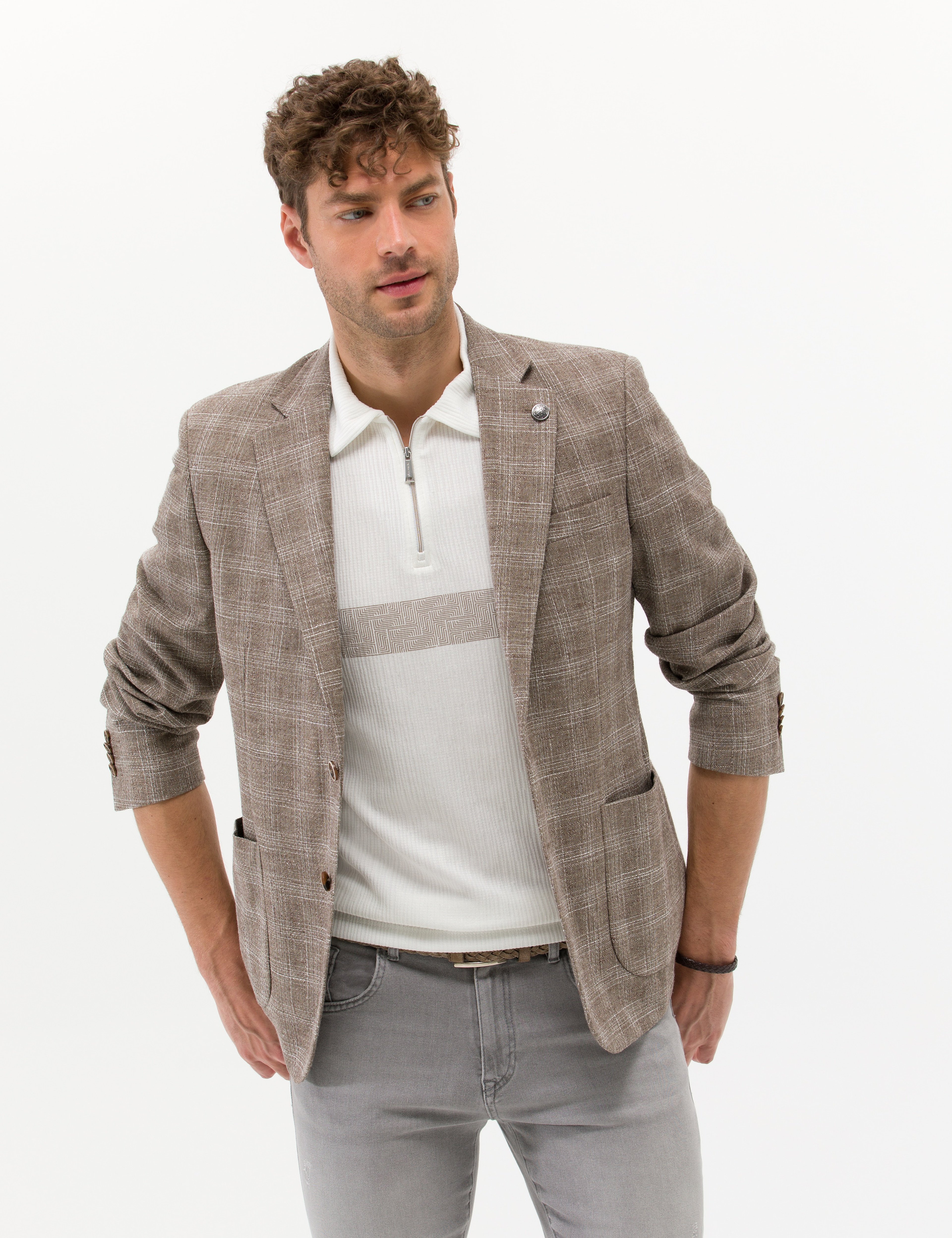 Açık Kahverengi Slim Fit Yün Keten Karışımlı Ekose Ceket - Image 1