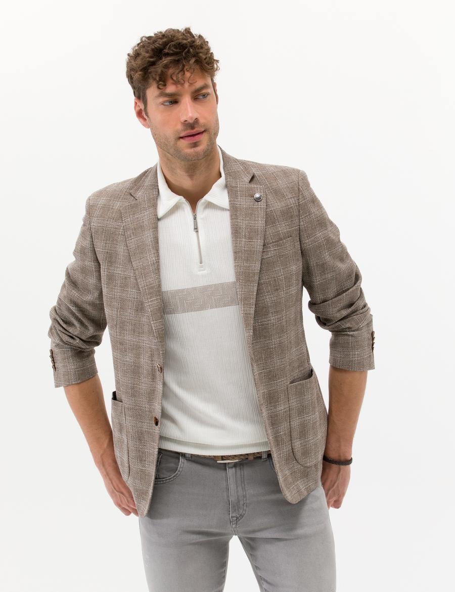 Açık Kahverengi Slim Fit Yün Keten Karışımlı Ekose Ceket